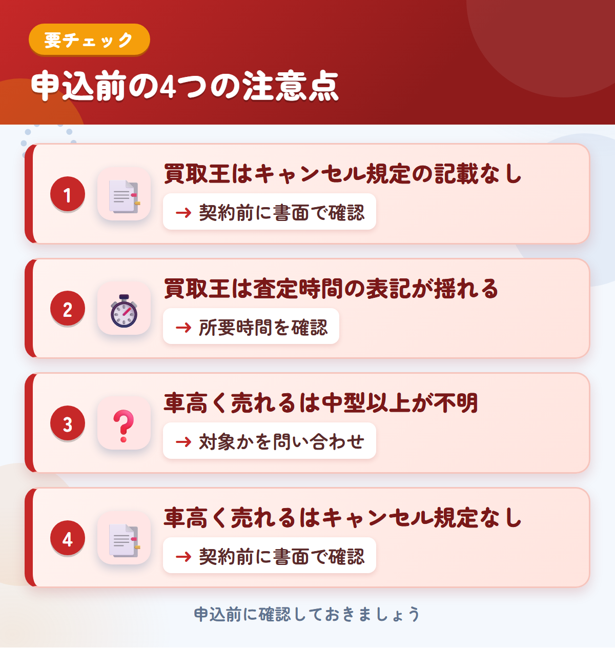 買取王と車高く売れるの申込前の注意点4つ。買取王はキャンセル規定の記載なし、買取王は査定時間の表記が揺れる、車高く売れるは中型以上が不明、車高く売れるはキャンセル規定なし