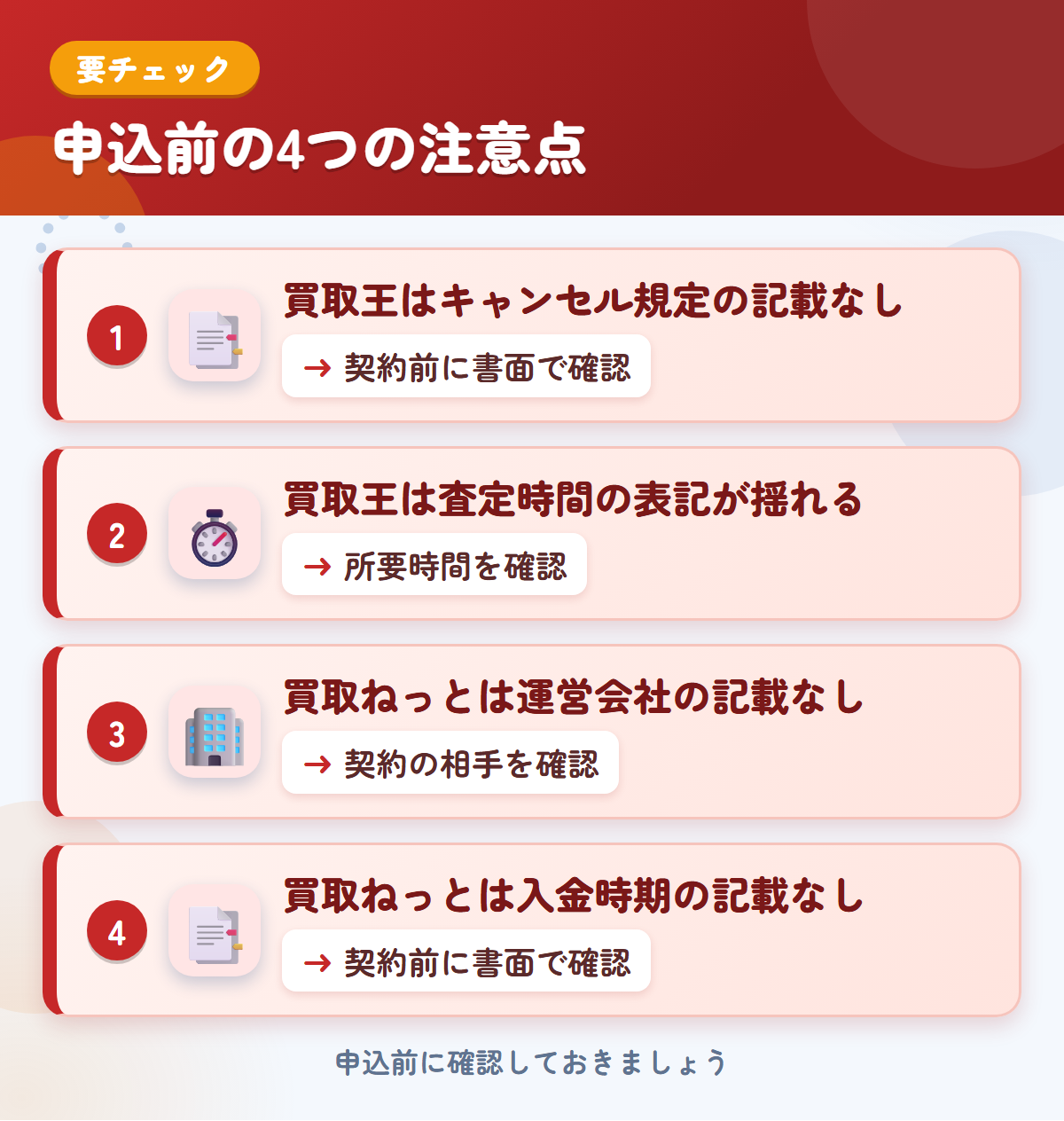買取王と買取ねっとの申込前の注意点4つ。買取王はキャンセル規定の記載なし、買取王は査定時間の表記が揺れる、買取ねっとは運営会社の記載なし、買取ねっとは入金時期の記載なし