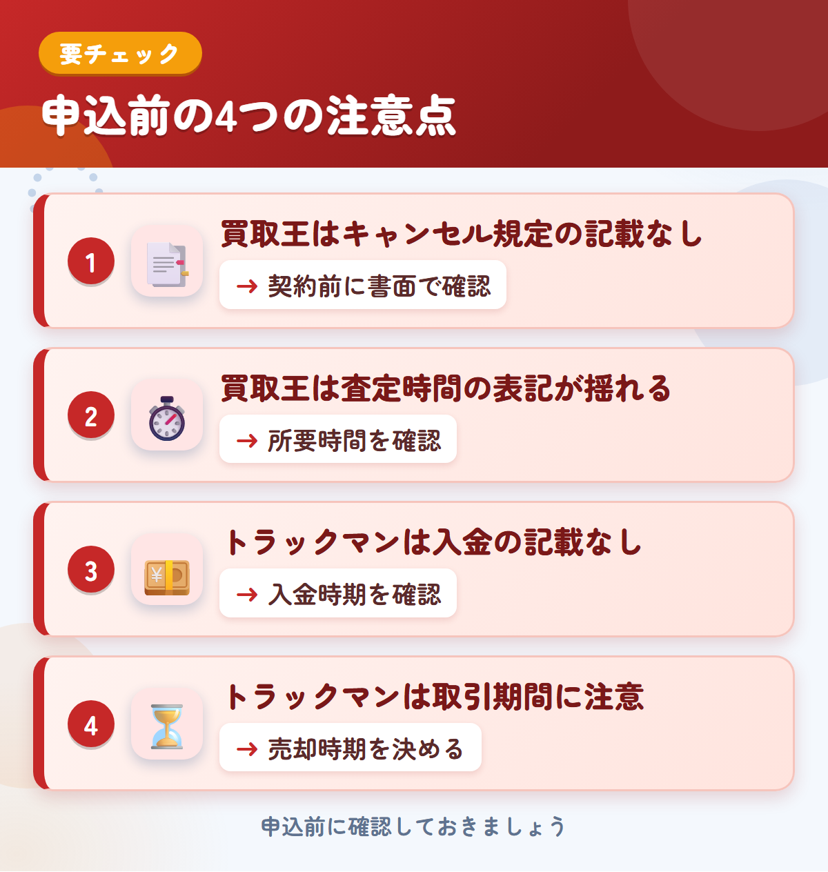 買取王とトラックマンの申込前の注意点4つ。買取王はキャンセル規定の記載なし、買取王は査定時間の表記が揺れる、トラックマンは入金の記載なし、トラックマンは取引期間に注意