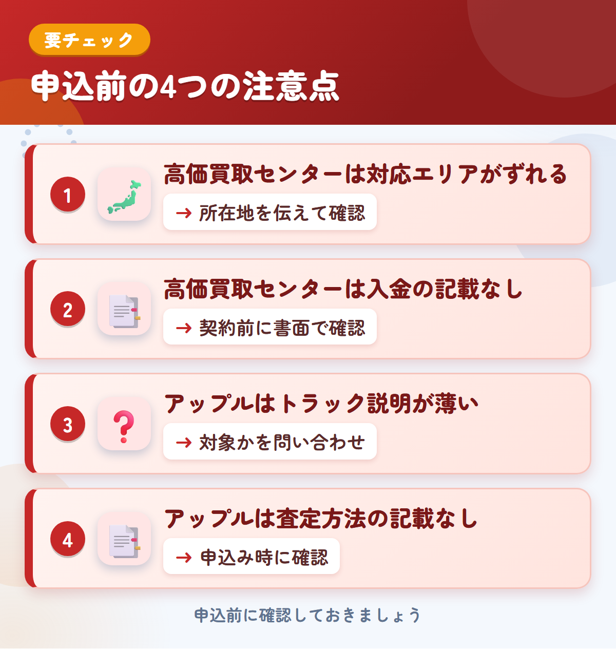 高価買取センターとアップルの申込前の注意点4つ。高価買取センターは対応エリアがずれる、高価買取センターは入金の記載なし、アップルはトラック説明が薄い、アップルは査定方法の記載なし