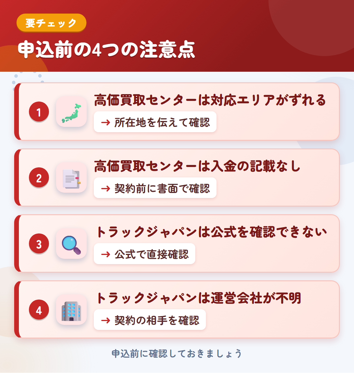 高価買取センターとトラックジャパンの申込前の注意点4つ。高価買取センターは対応エリアがずれる、高価買取センターは入金の記載なし、トラックジャパンは公式を確認できない、トラックジャパンは運営会社が不明