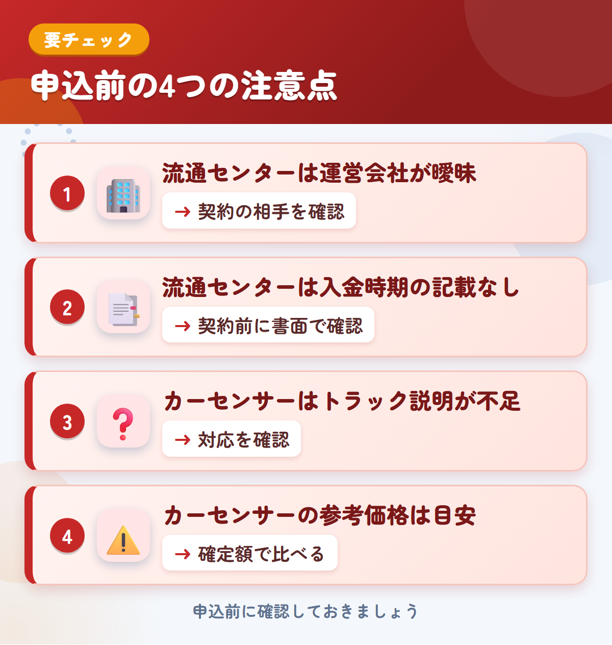 流通センターとカーセンサーの申込前の注意点4つ。流通センターは運営会社が曖昧、流通センターは入金時期の記載なし、カーセンサーはトラック説明が不足、カーセンサーの参考価格は目安