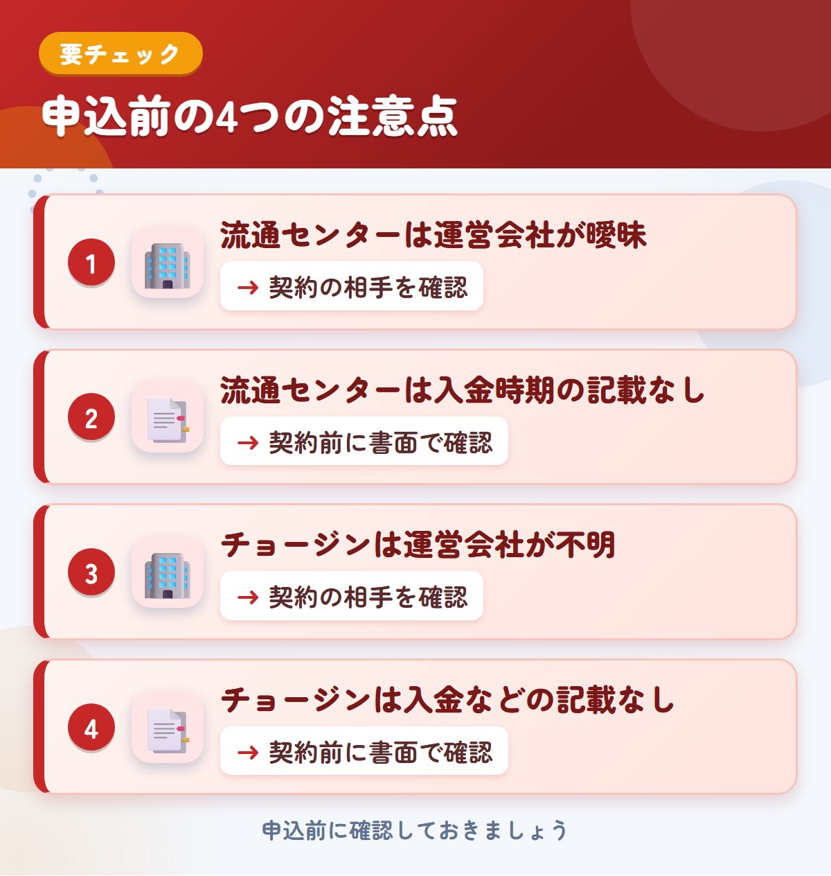 流通センターとチョージンの申込前の注意点4つ。流通センターは運営会社が曖昧、流通センターは入金時期の記載なし、チョージンは運営会社が不明、チョージンは入金などの記載なし