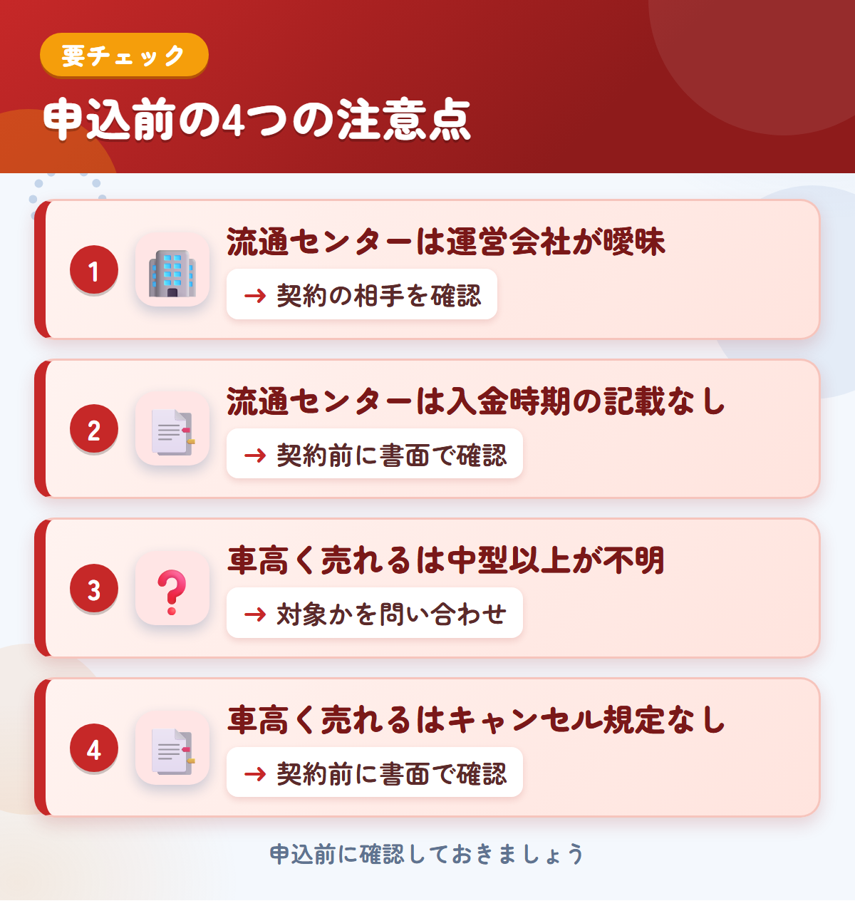 流通センターと車高く売れるの申込前の注意点4つ。流通センターは運営会社が曖昧、流通センターは入金時期の記載なし、車高く売れるは中型以上が不明、車高く売れるはキャンセル規定なし