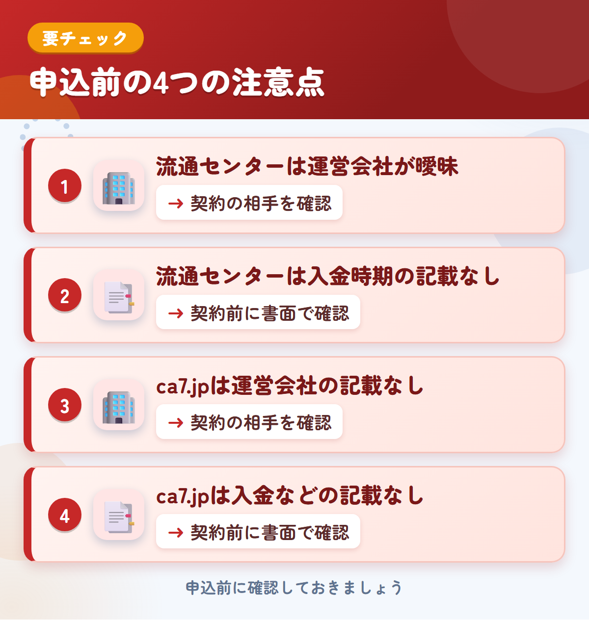 流通センターとca7.jpの申込前の注意点4つ。流通センターは運営会社が曖昧、流通センターは入金時期の記載なし、ca7.jpは運営会社の記載なし、ca7.jpは入金などの記載なし