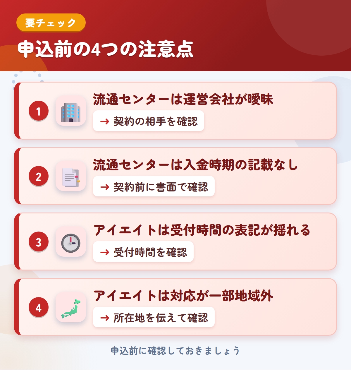 流通センターとアイエイトの申込前の注意点4つ。流通センターは運営会社が曖昧、流通センターは入金時期の記載なし、アイエイトは受付時間の表記が揺れる、アイエイトは対応が一部地域外