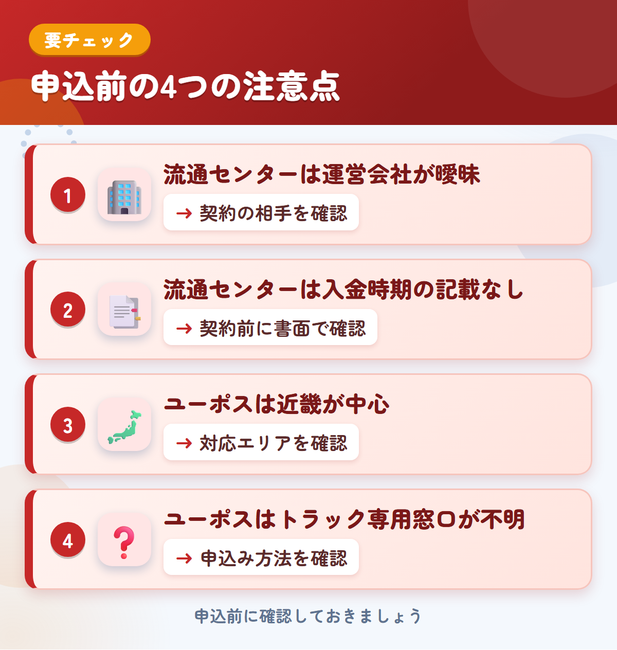 流通センターとユーポスの申込前の注意点4つ。流通センターは運営会社が曖昧、流通センターは入金時期の記載なし、ユーポスは近畿が中心、ユーポスはトラック専用窓口が不明