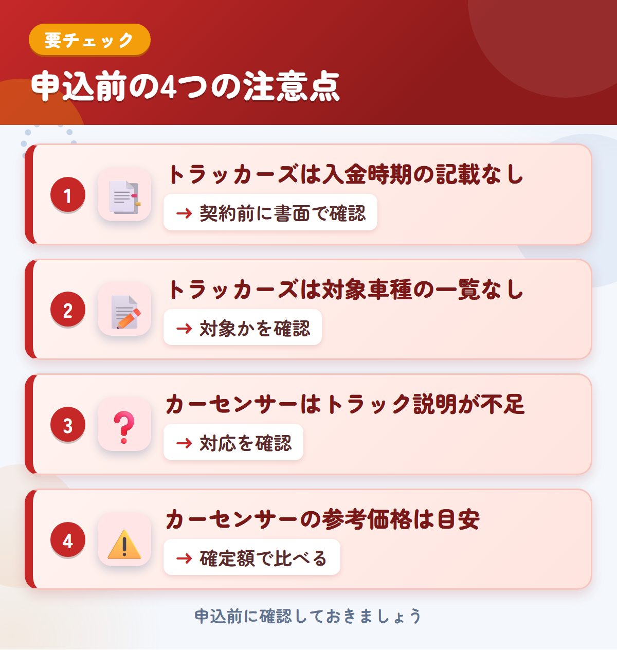 トラッカーズとカーセンサーの申込前の注意点4つ。トラッカーズは入金時期の記載なし、トラッカーズは対象車種の一覧なし、カーセンサーはトラック説明が不足、カーセンサーの参考価格は目安