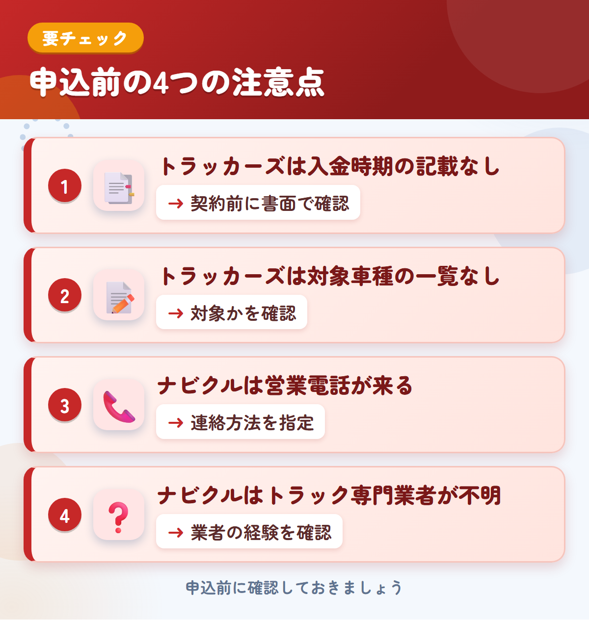 トラッカーズとナビクルの申込前の注意点4つ。トラッカーズは入金時期の記載なし、トラッカーズは対象車種の一覧なし、ナビクルは営業電話が来る、ナビクルはトラック専門業者が不明