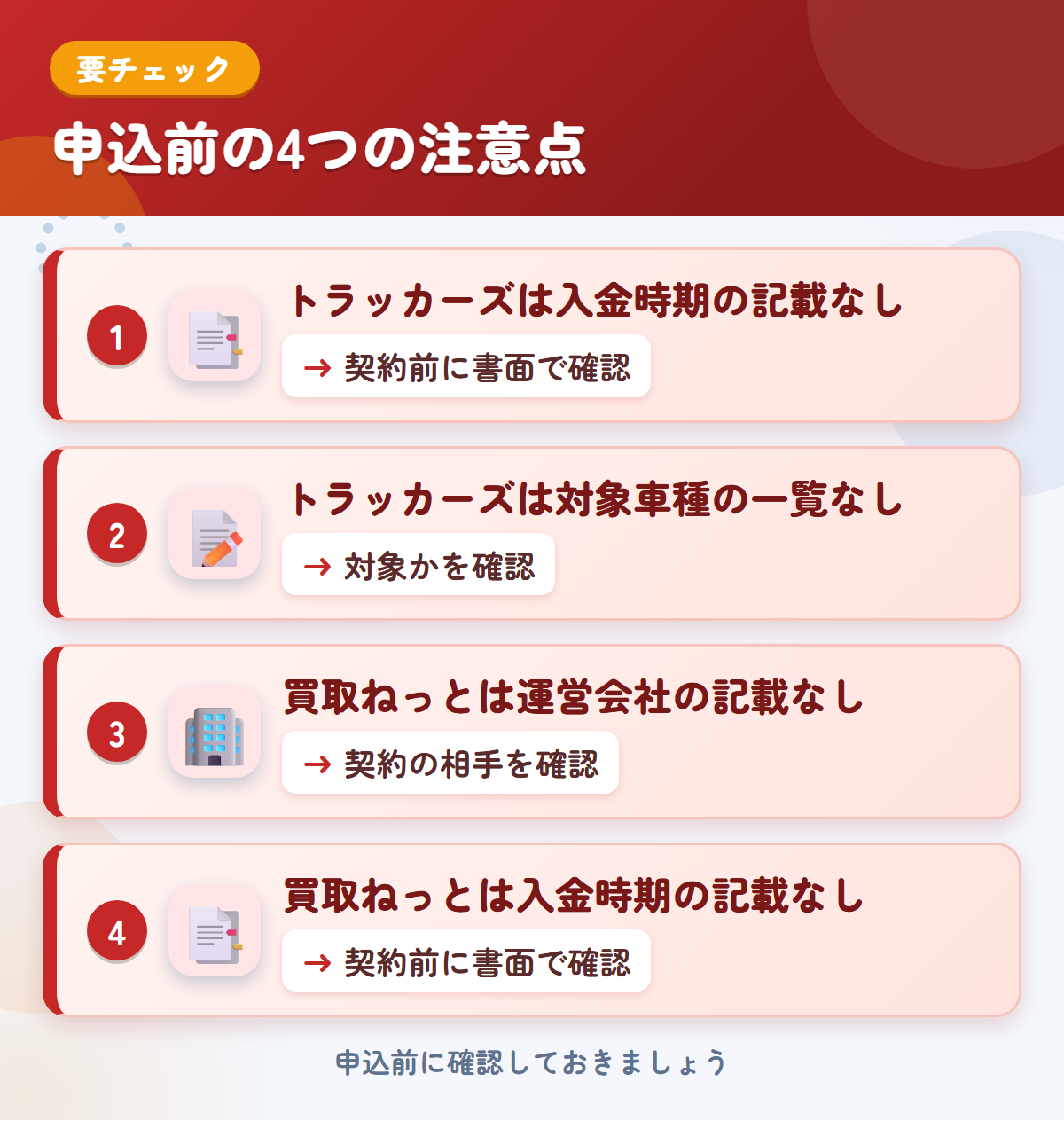 トラッカーズと買取ねっとの申込前の注意点4つ。トラッカーズは入金時期の記載なし、トラッカーズは対象車種の一覧なし、買取ねっとは運営会社の記載なし、買取ねっとは入金時期の記載なし