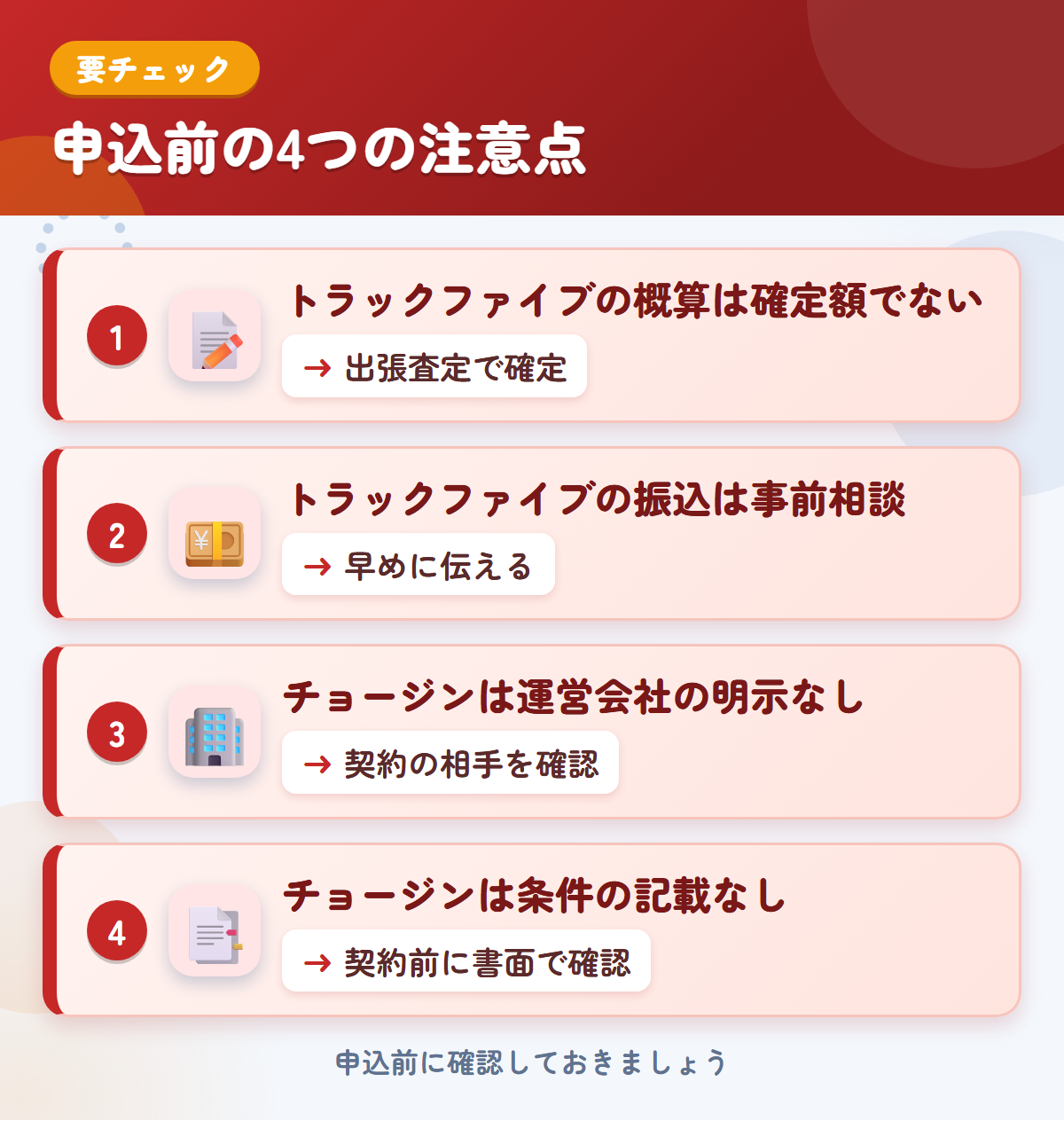 トラックファイブとチョージンの申込前の注意点4つ。トラックファイブの概算は確定額ではない、振込は事前相談、チョージンは運営会社の明示がない、条件の記載なし