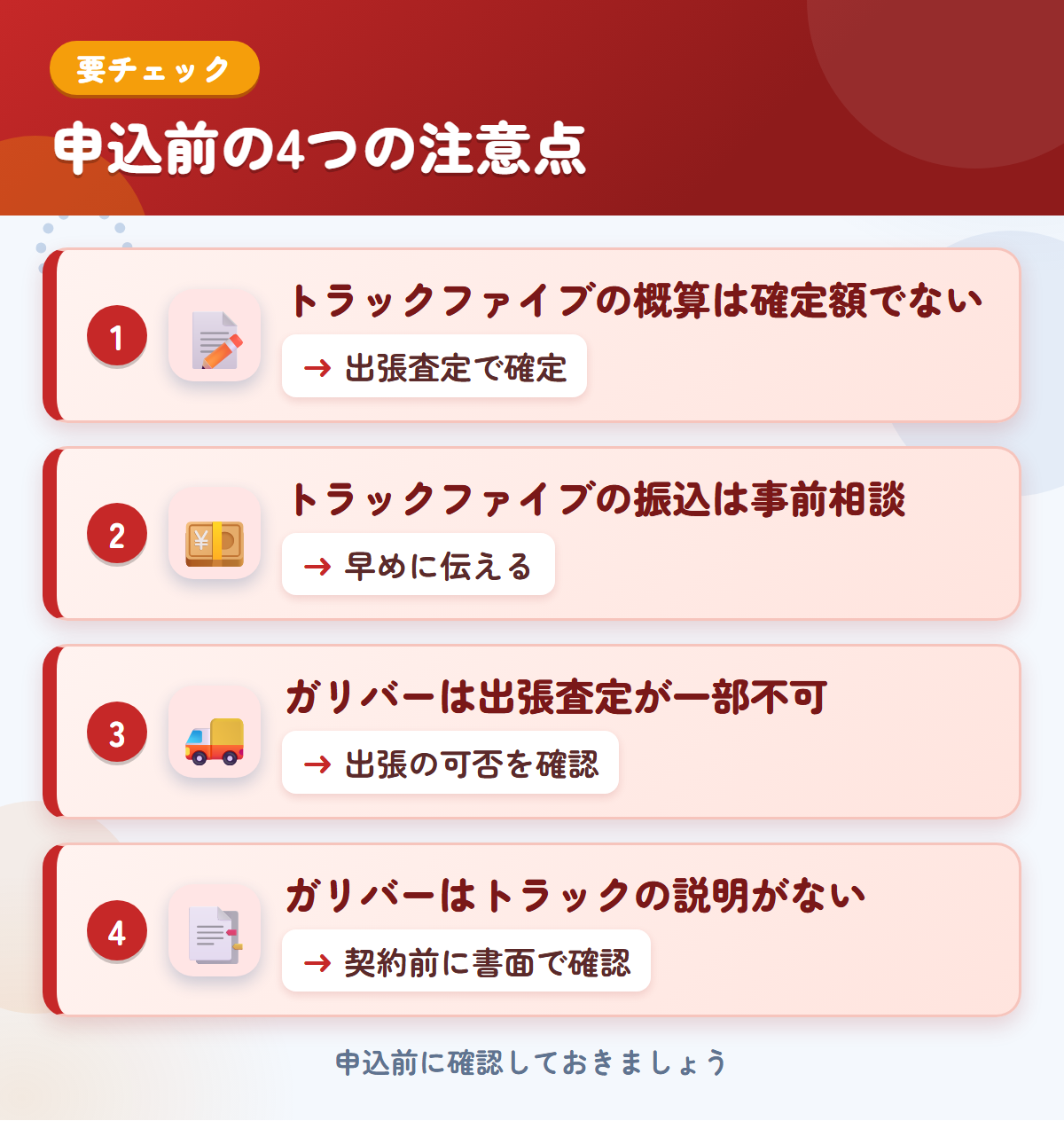 トラックファイブとガリバーの申込前の注意点4つ。トラックファイブの概算は確定額ではない、振込は事前相談、ガリバーは出張査定が一部不可、トラックの説明がない