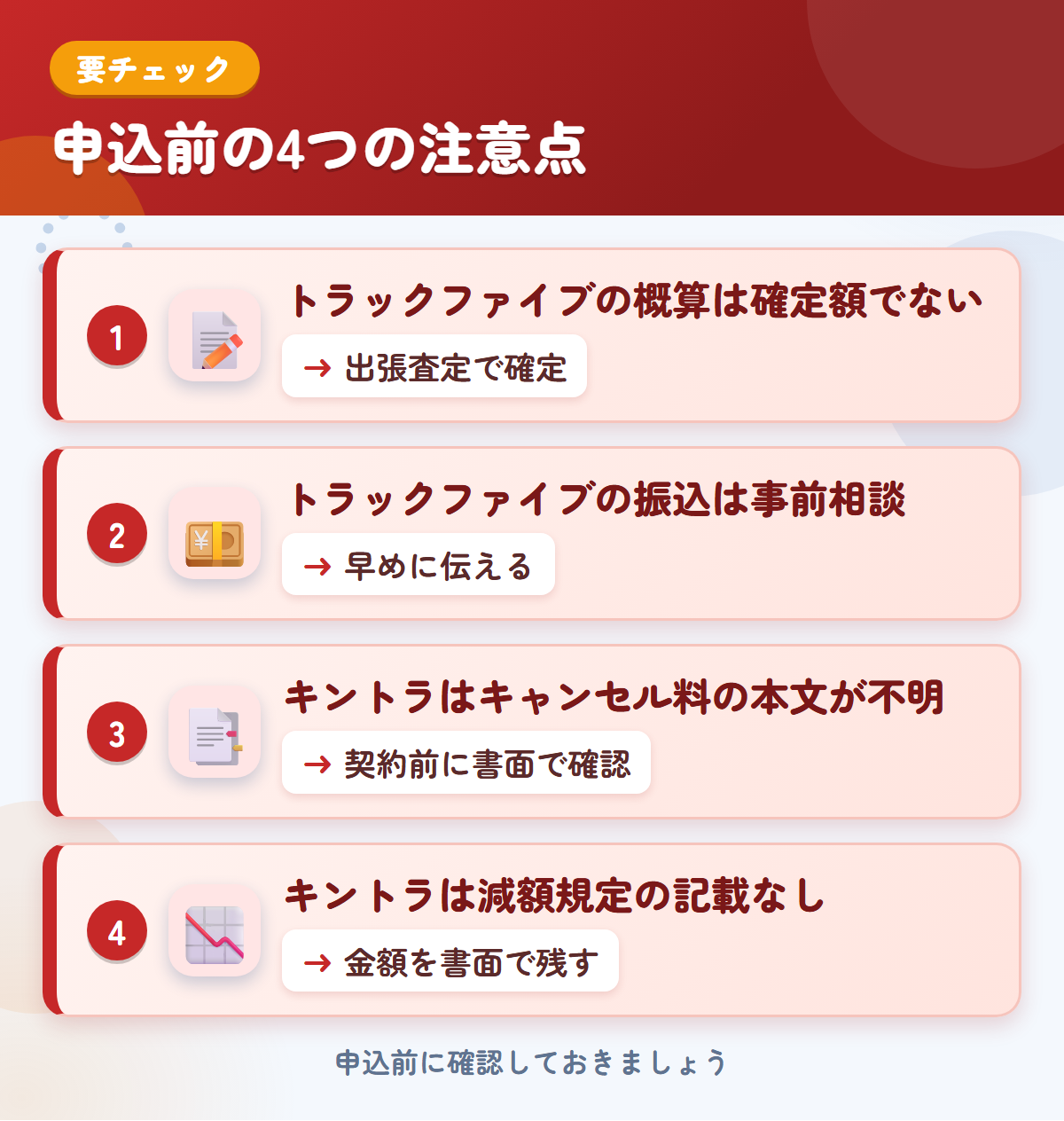 トラックファイブとキントラの申込前の注意点4つ。トラックファイブの概算は確定額ではない、振込は事前相談、キントラはキャンセル料の本文が不明、減額規定の記載なし