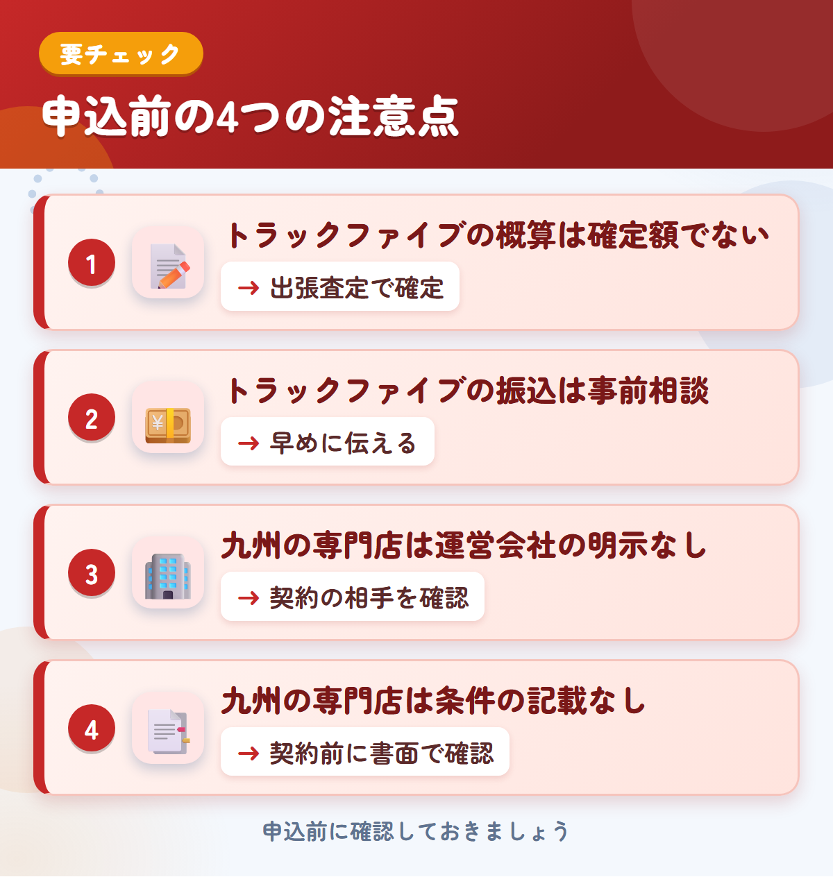 トラックファイブと九州の専門店の申込前の注意点4つ。トラックファイブの概算は確定額ではない、振込は事前相談、九州の専門店は運営会社の明示がない、条件の記載なし