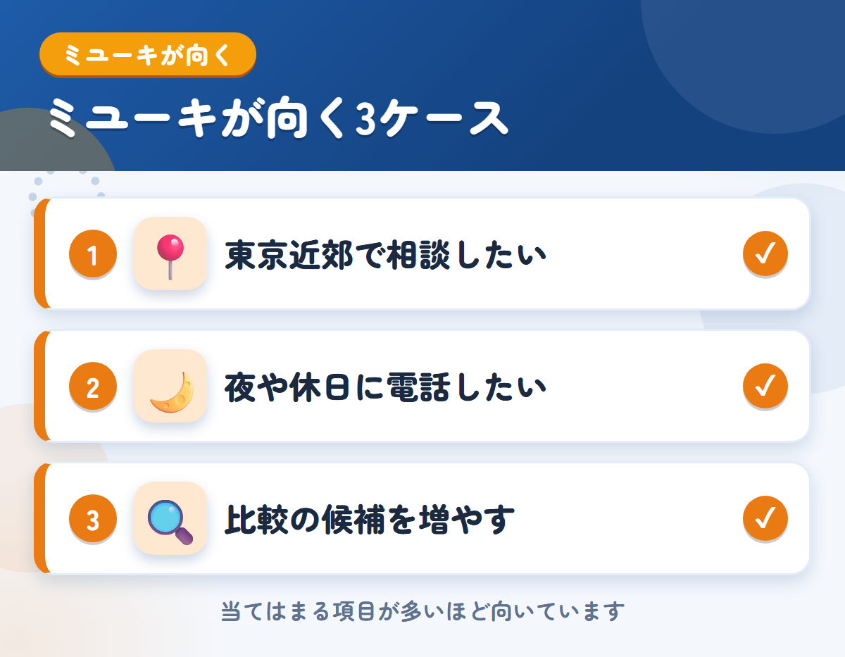 ミユーキが向くケース。東京近郊で相談したい、夜や休日に電話したい、比較の候補を増やしたい