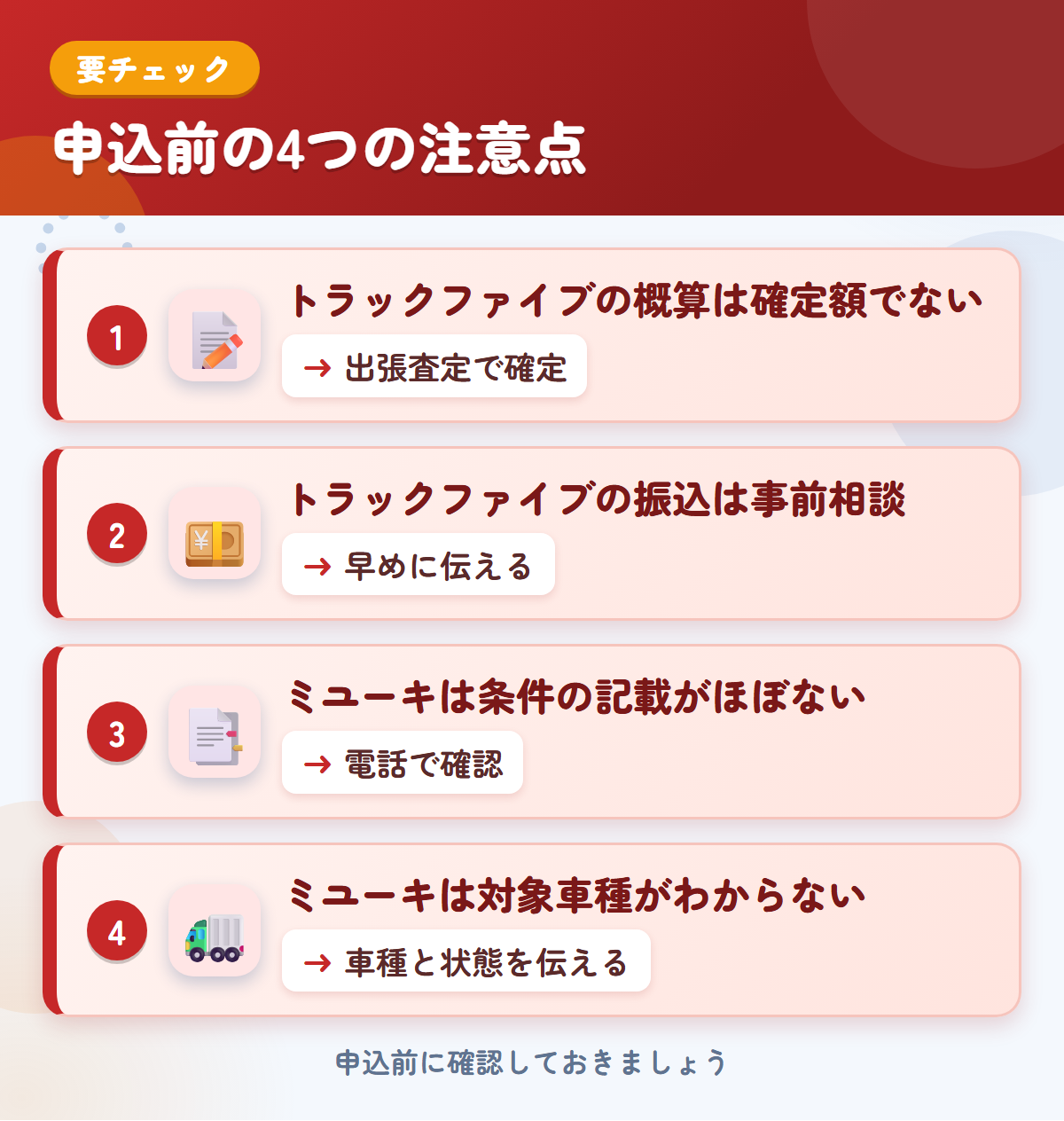 トラックファイブとミユーキの申込前の注意点4つ。トラックファイブの概算は確定額ではない、振込は事前相談、ミユーキは条件の記載がほぼない、対象車種がわからない