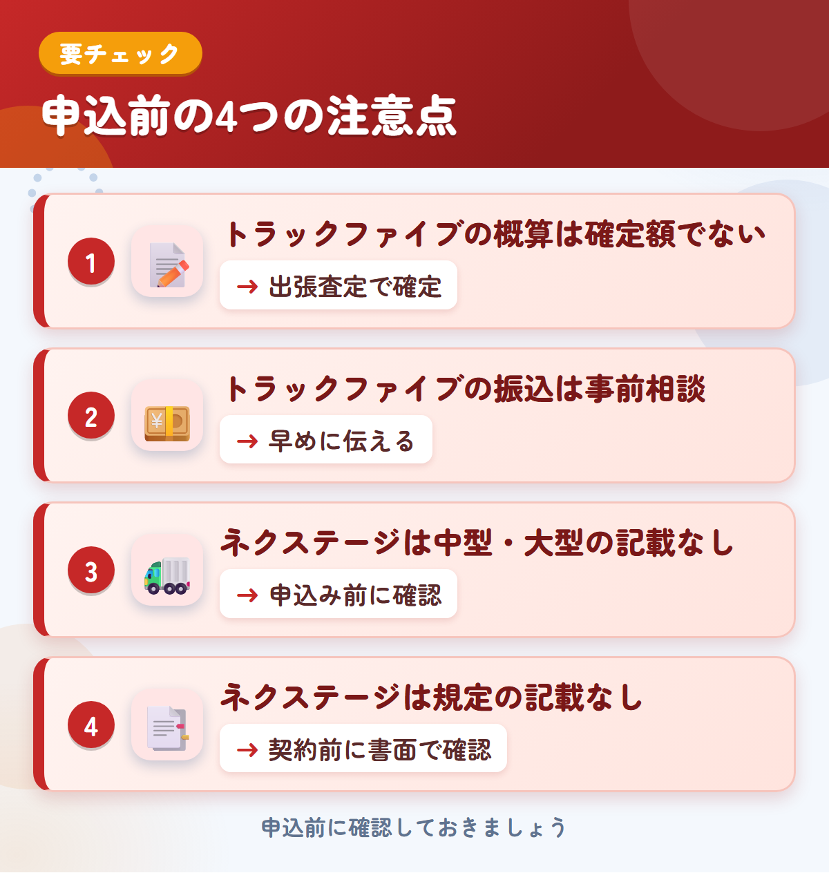 トラックファイブとネクステージの申込前の注意点4つ。トラックファイブの概算は確定額ではない、振込は事前相談、ネクステージは中型・大型の記載がない、規定の記載なし