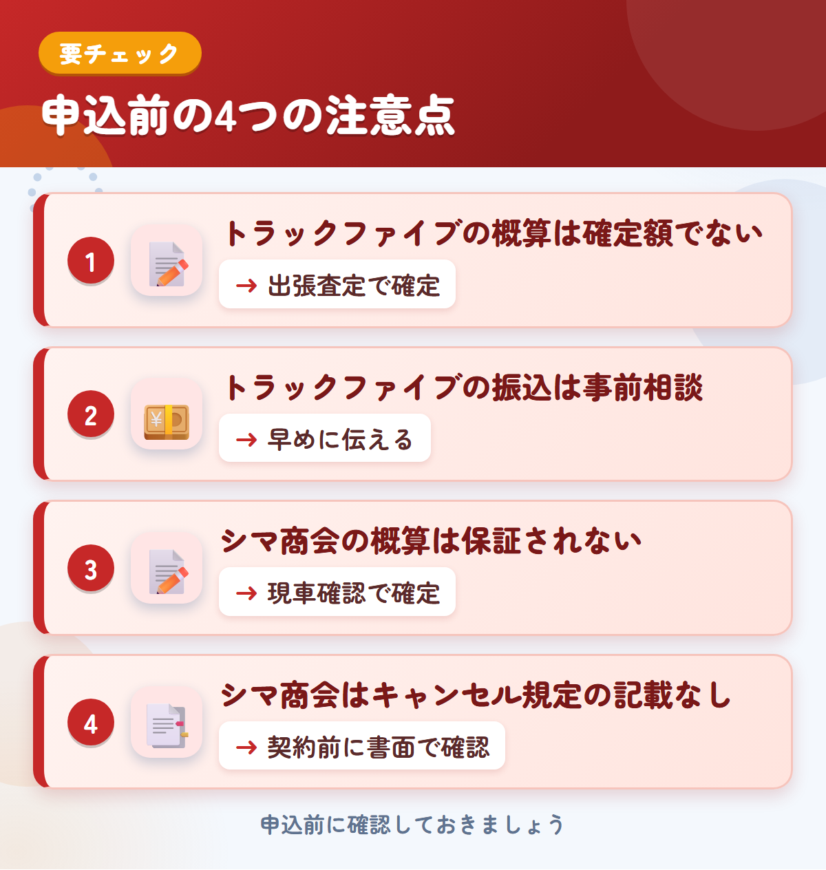 トラックファイブとシマ商会の申込前の注意点4つ。トラックファイブの概算は確定額ではない、振込は事前相談、シマ商会の概算は保証されない、キャンセル規定の記載なし
