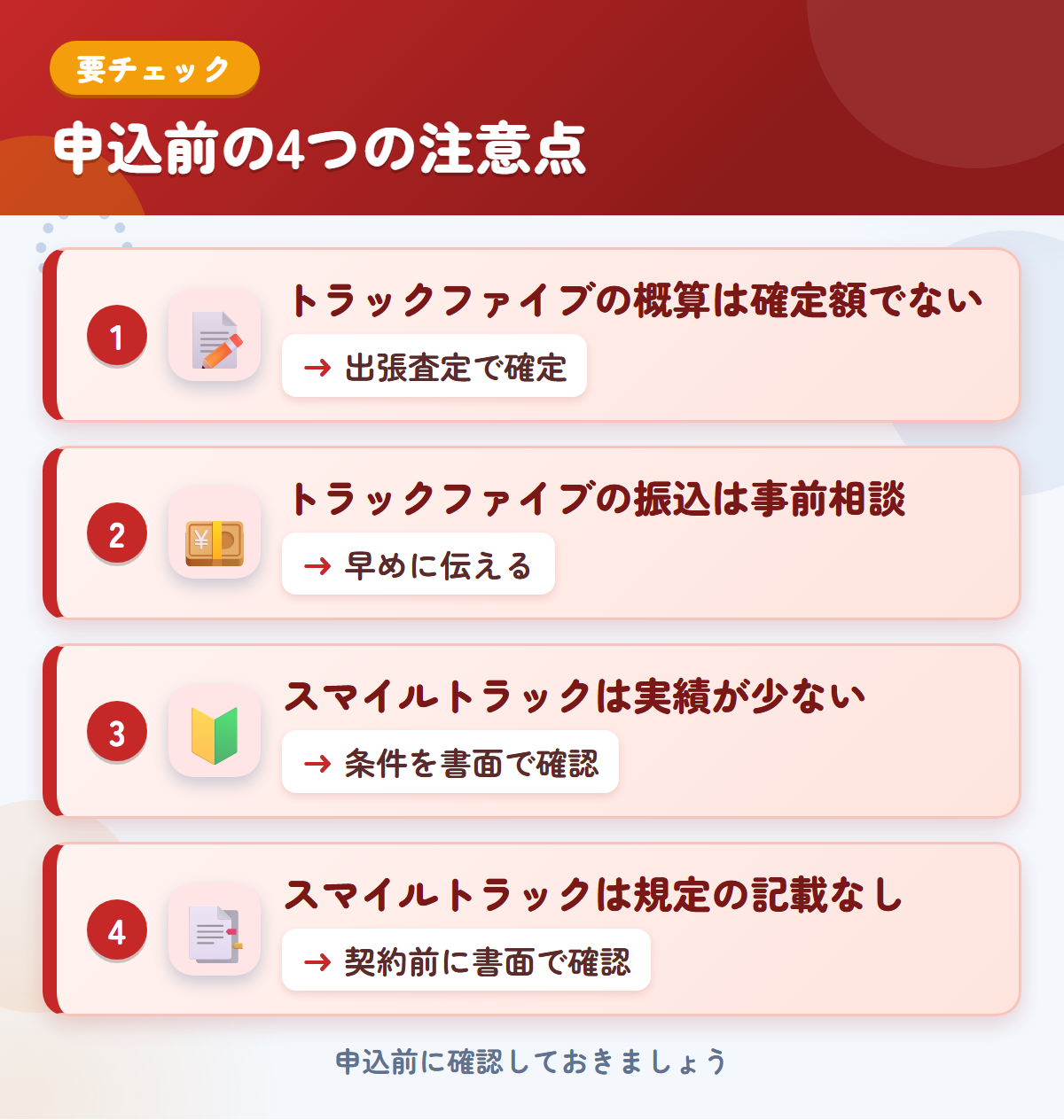 トラックファイブとスマイルトラックの申込前の注意点4つ。トラックファイブの概算は確定額ではない、振込は事前相談、スマイルトラックは実績が少ない、規定の記載なし