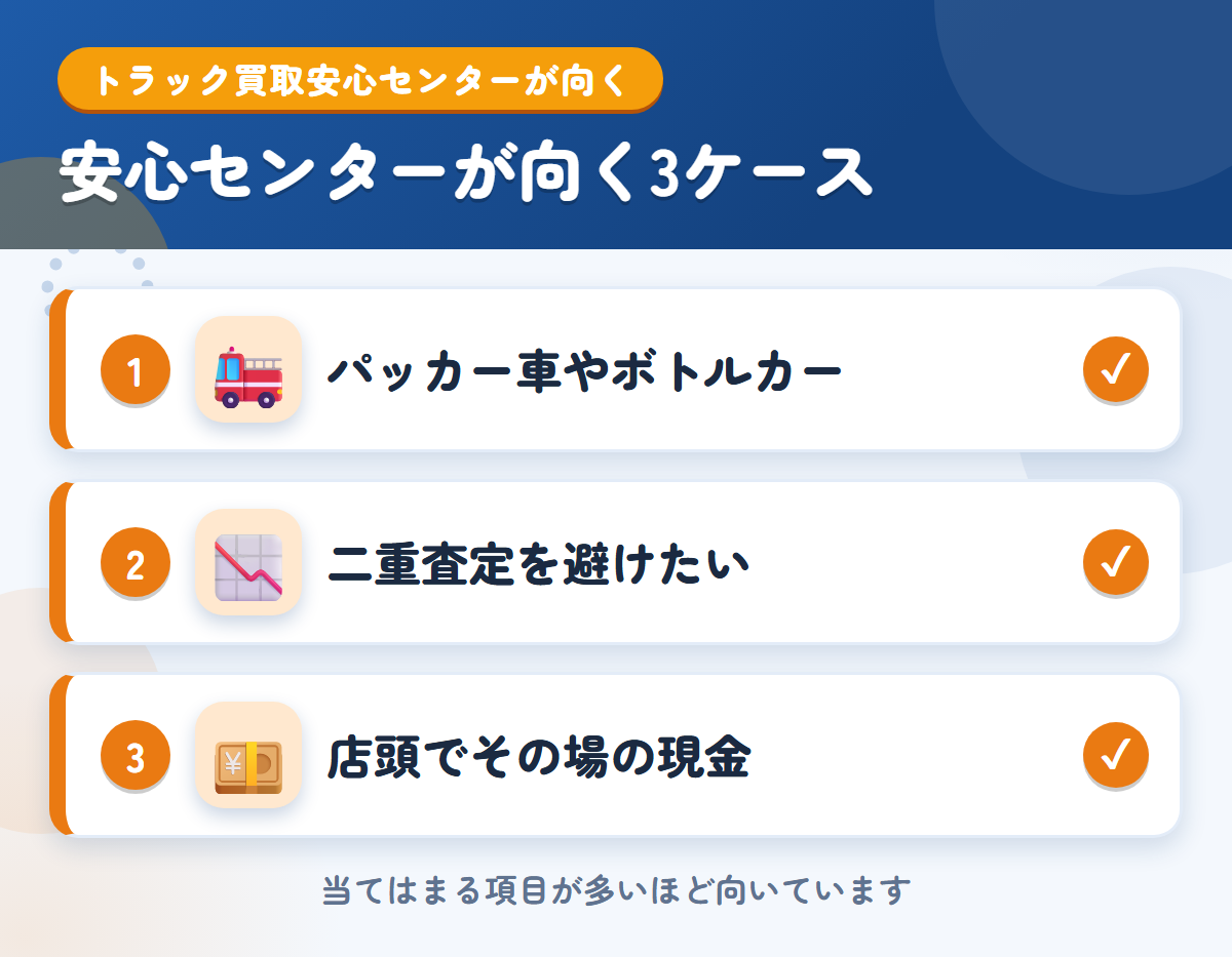 トラック買取安心センターが向くケース。パッカー車やボトルカーを売りたい、契約後の二重査定を避けたい、店頭でその場の現金を受け取りたい