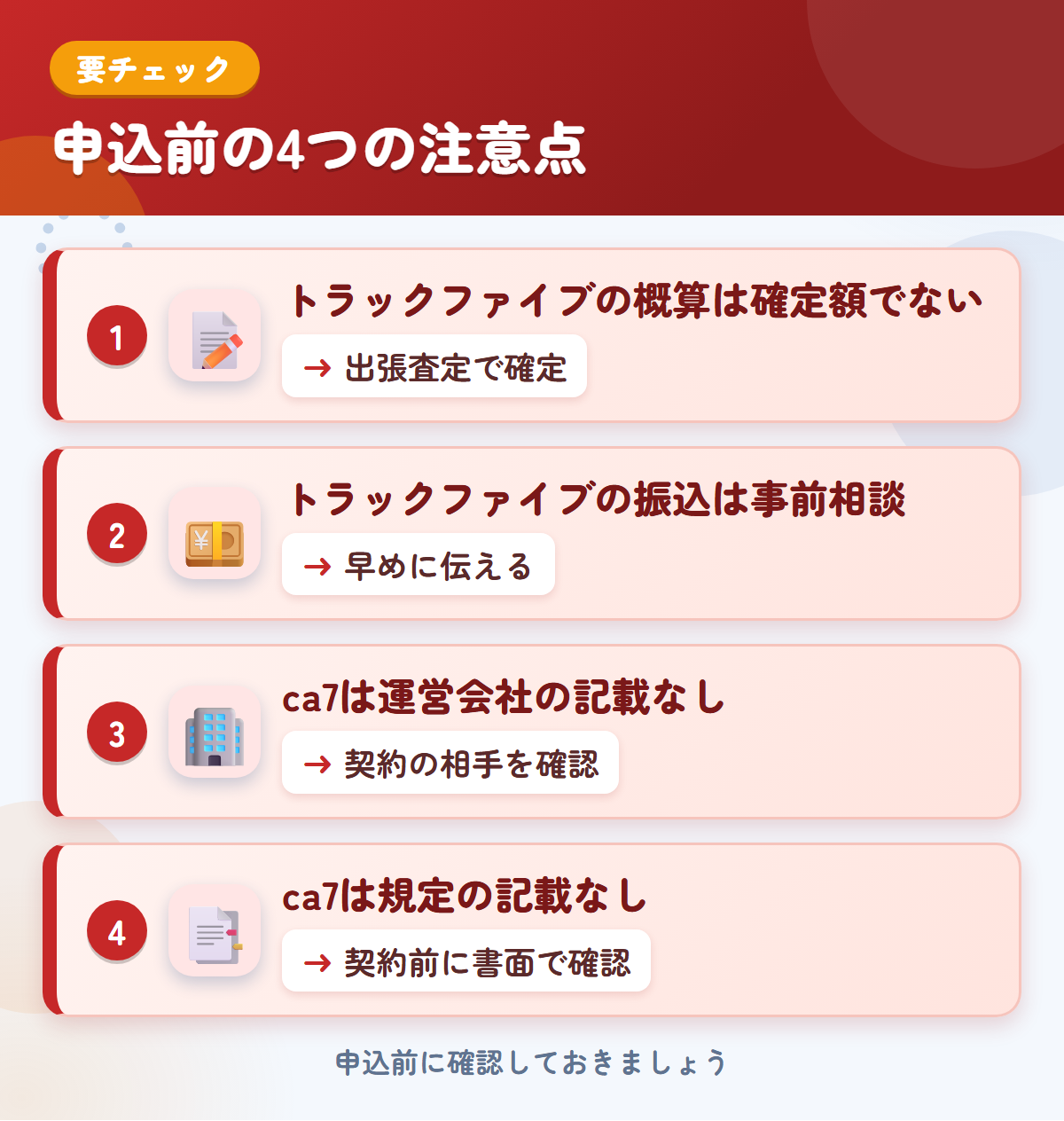 トラックファイブとca7の申込前の注意点4つ。トラックファイブの概算は確定額ではない、振込は事前相談、ca7は運営会社の記載がない、規定の記載なし