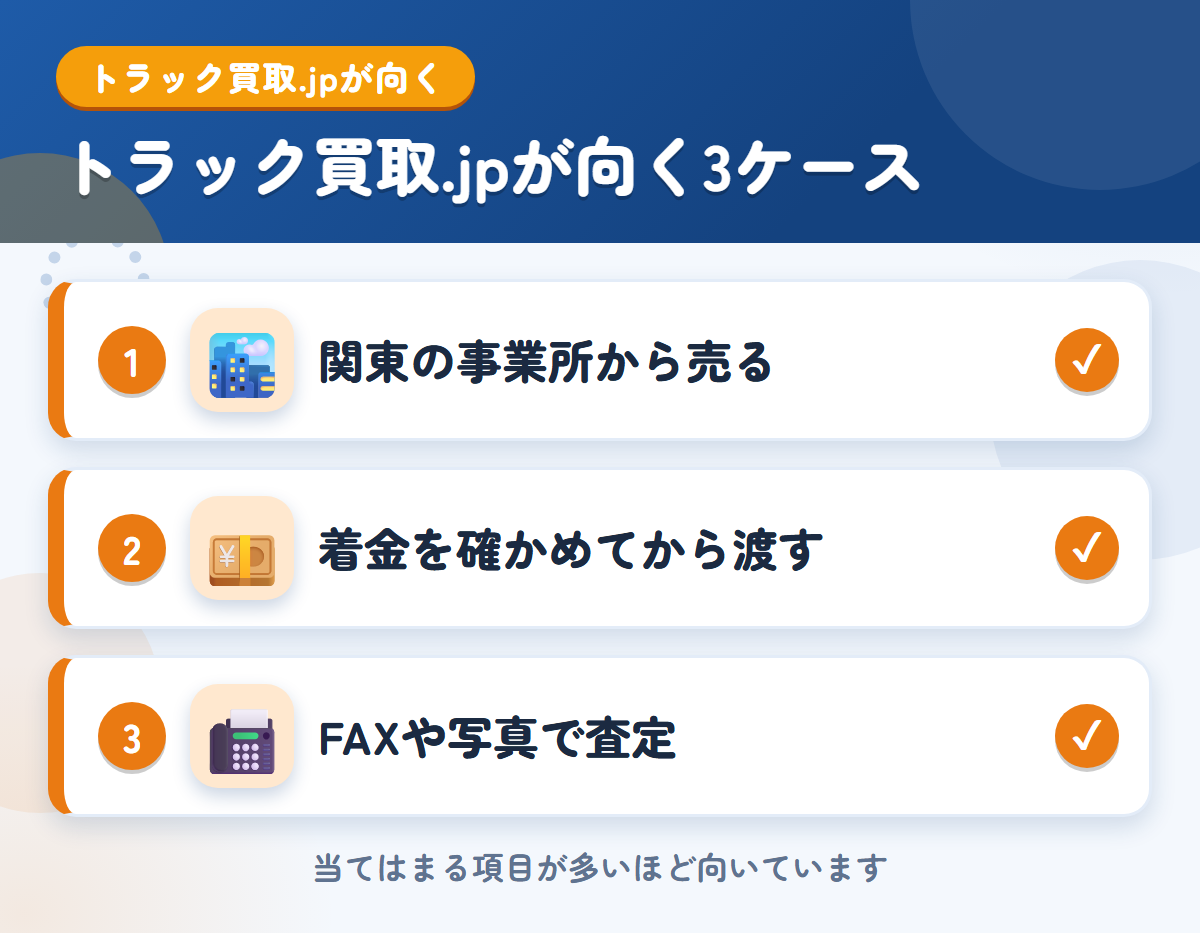 トラック買取.jpが向くケース。関東の事業所から売りたい、着金を確かめてから渡したい、FAXや写真で査定を受けたい