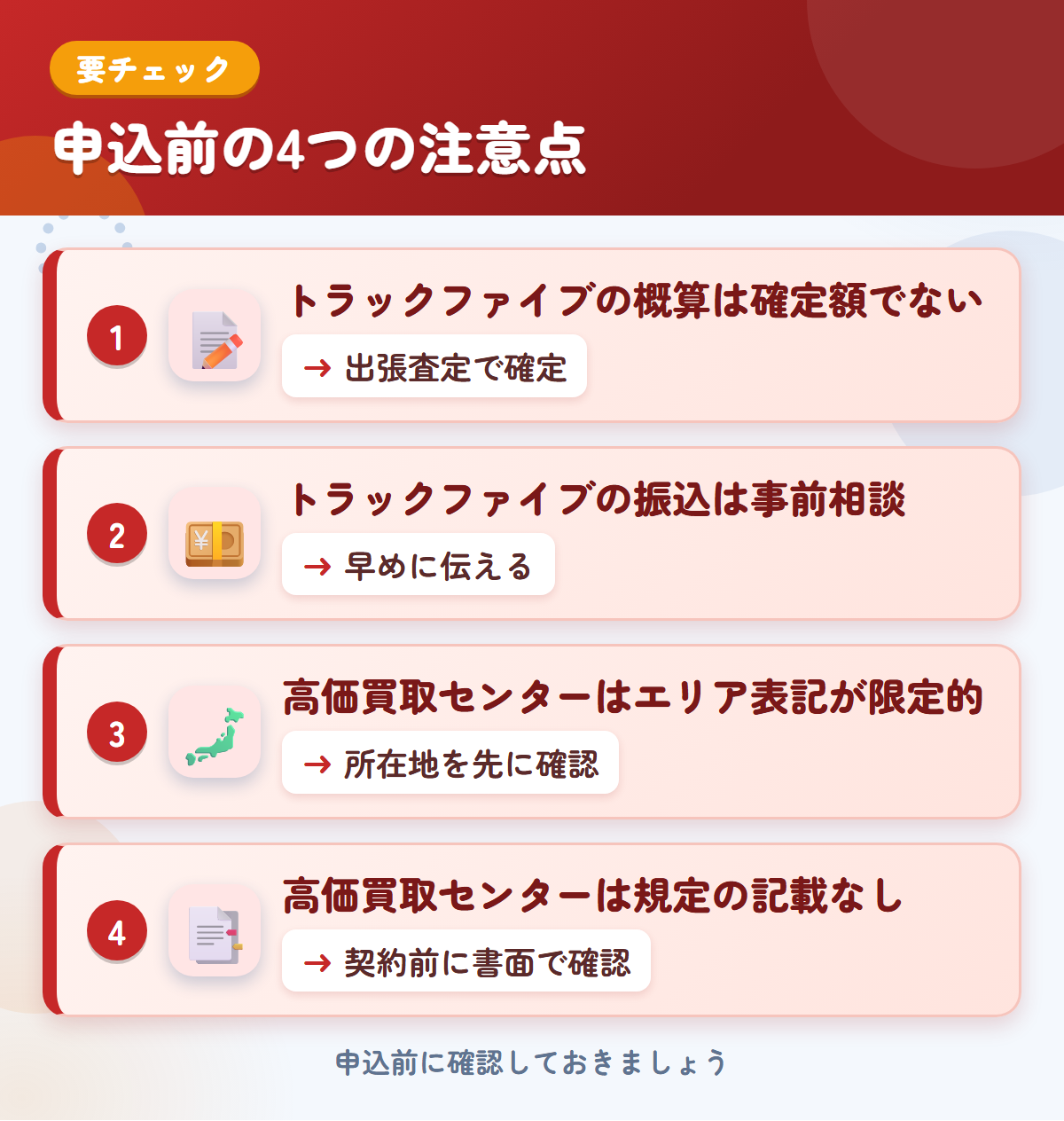 トラックファイブとトラック高価買取センターの申込前の注意点4つ。トラックファイブの概算は確定額ではない、振込は事前相談、高価買取センターはエリア表記が限定的、規定の記載なし