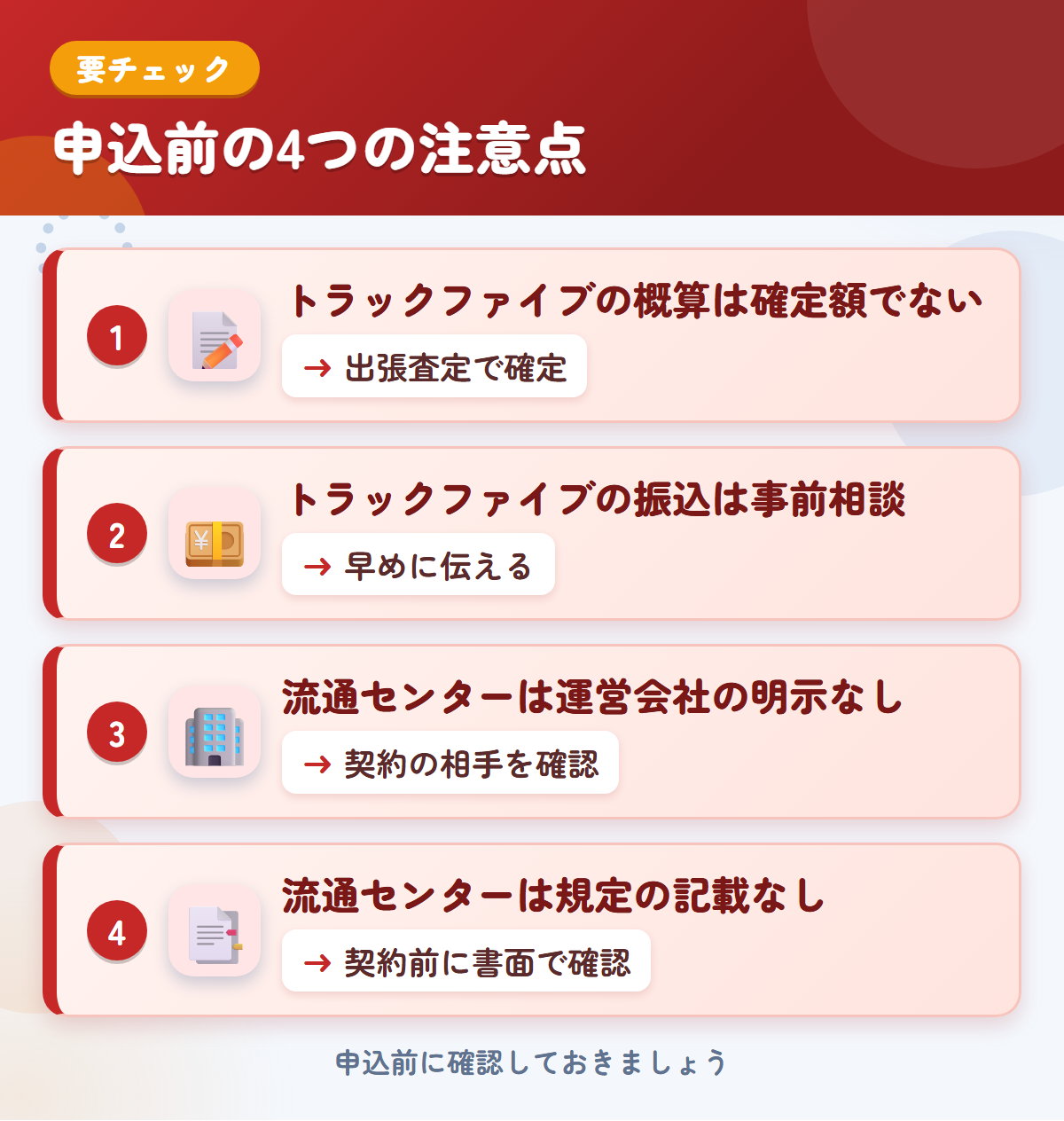 トラックファイブとトラック流通センターの申込前の注意点4つ。トラックファイブの概算は確定額ではない、振込は事前相談、流通センターは運営会社の明示と規定の記載なし