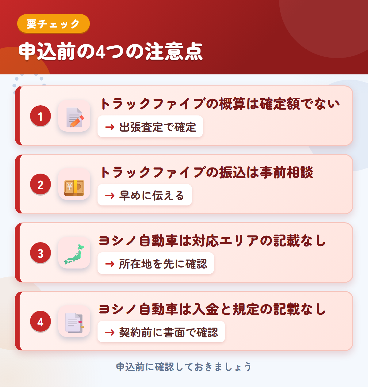 トラックファイブとヨシノ自動車の申込前の注意点4つ。トラックファイブの概算は確定額ではない、振込は事前相談、ヨシノ自動車は対応エリアと入金・規定の記載なし