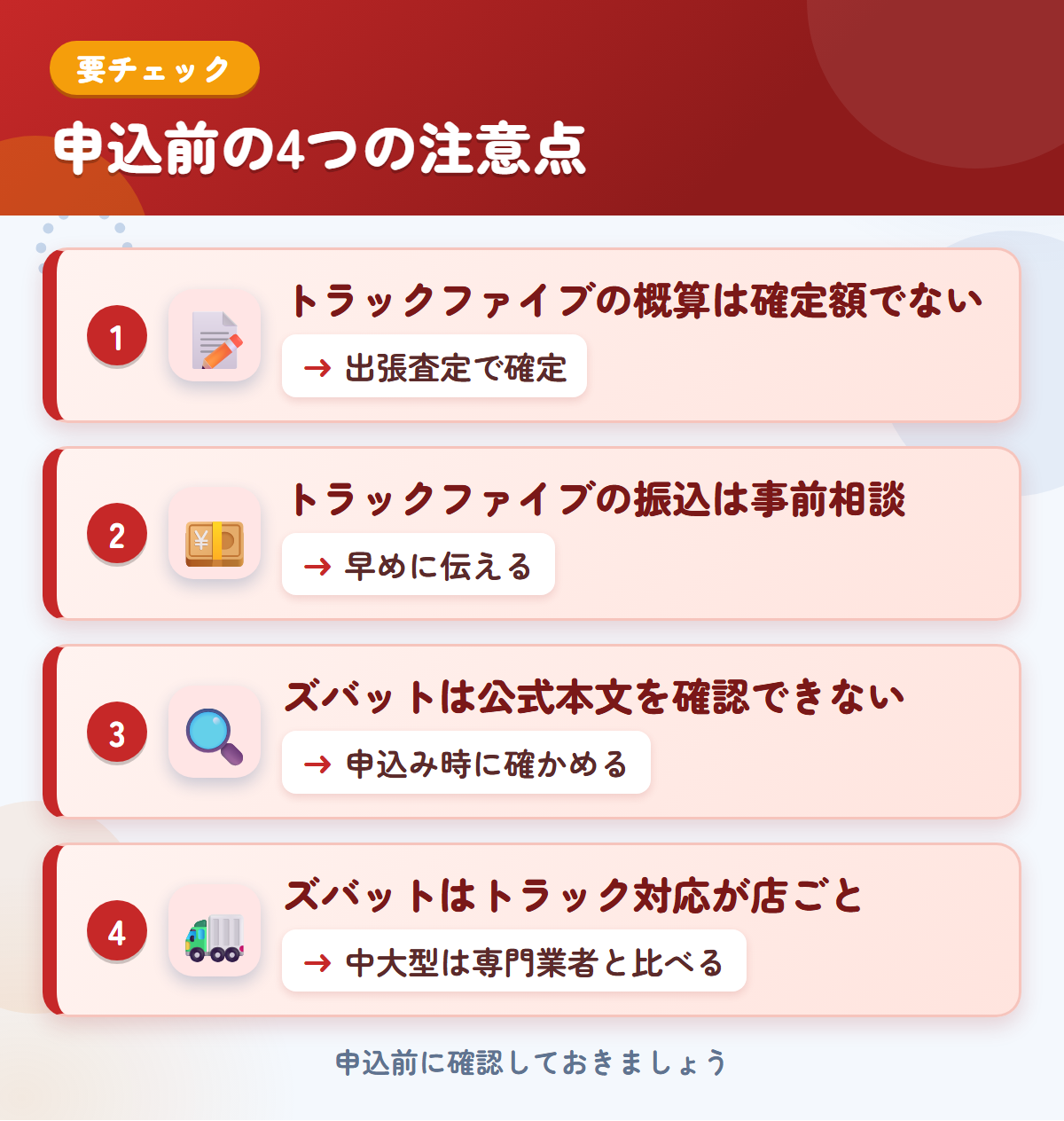 トラックファイブとズバットの申込前の注意点4つ。トラックファイブの概算は確定額ではない、振込は事前相談、ズバットは公式本文を確認できない、トラック対応が店ごと