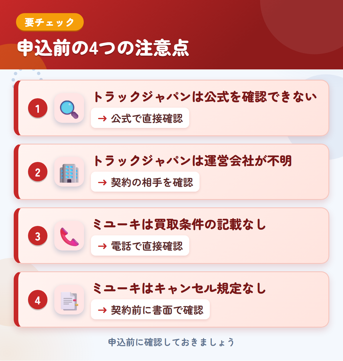 トラックジャパンとミユーキの申込前の注意点4つ。トラックジャパンは公式を確認できない、トラックジャパンは運営会社が不明、ミユーキは買取条件の記載なし、ミユーキはキャンセル規定なし