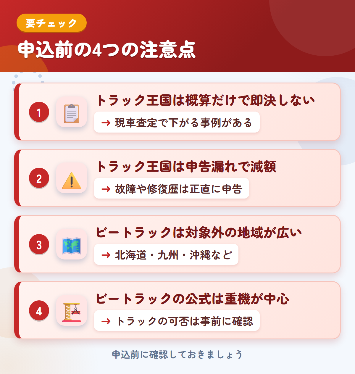 トラック王国とビートラックの申込前の注意点4つ。概算だけで即決しない、申告漏れで減額、ビートラックは対象外の地域が広い、公式は重機が中心