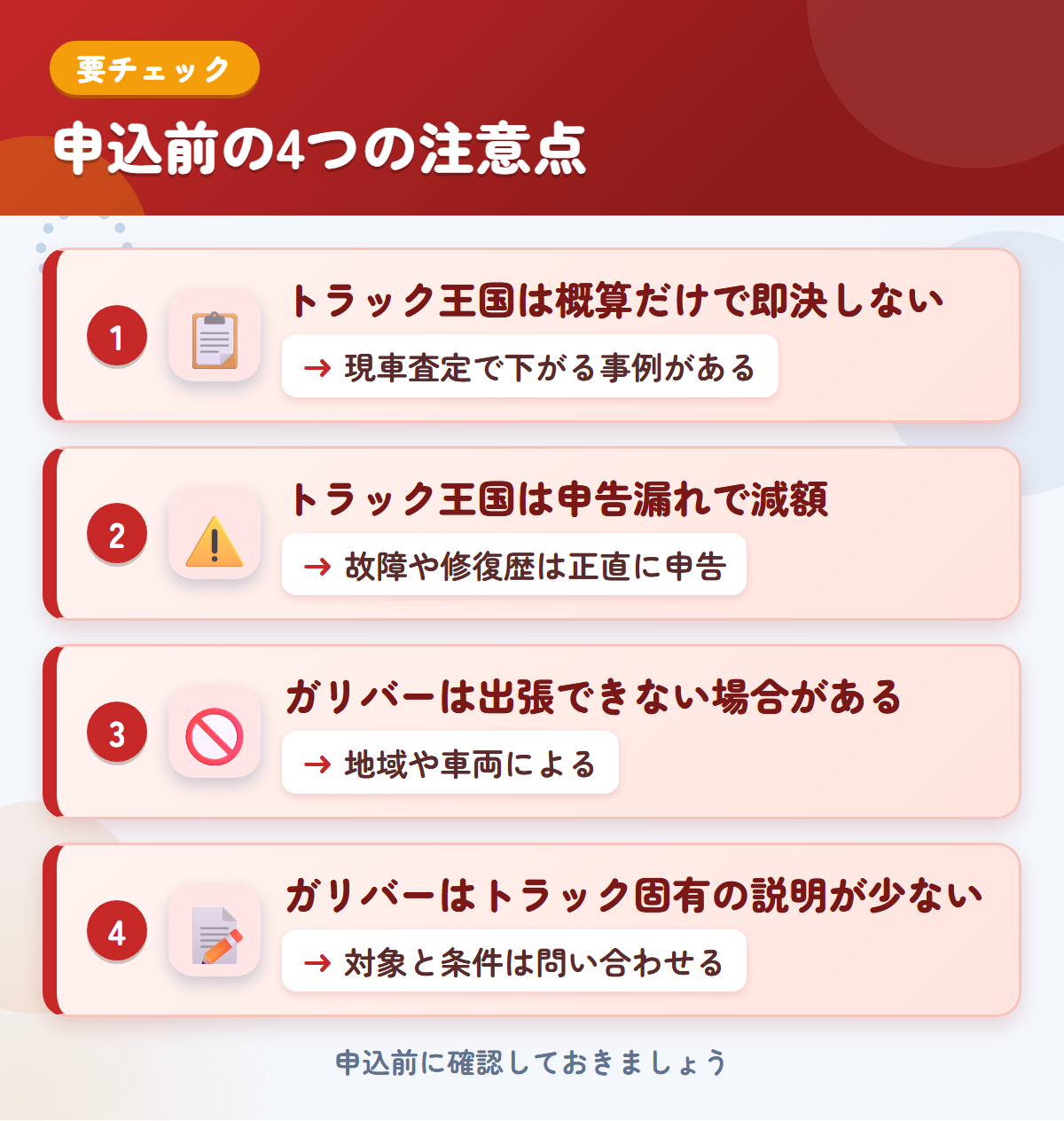 トラック王国とガリバーの申込前の注意点4つ。概算だけで即決しない、申告漏れで減額、ガリバーは出張できない場合がある、トラック固有の説明が少ない