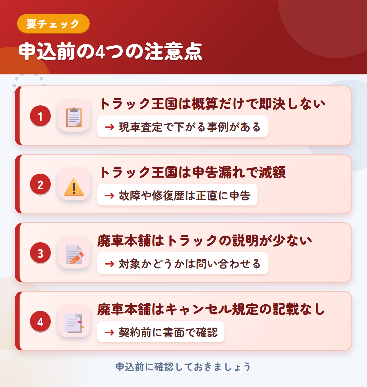トラック王国と廃車本舗の申込前の注意点4つ。概算だけで即決しない、申告漏れで減額、廃車本舗はトラックの説明が少ない、キャンセル規定の記載なし