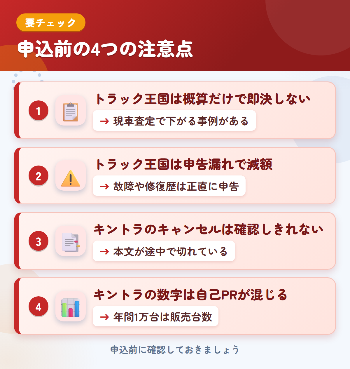 トラック王国とキントラの申込前の注意点4つ。概算だけで即決しない、申告漏れで減額、キントラのキャンセルは確認しきれない、数字は自己PRが混じる