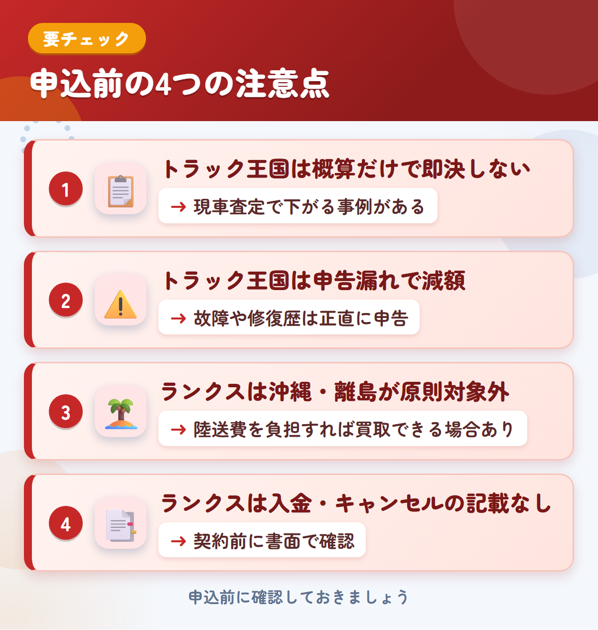 トラック王国とランクスの申込前の注意点4つ。概算だけで即決しない、申告漏れで減額、ランクスは沖縄・離島が原則対象外、入金・キャンセルの記載なし