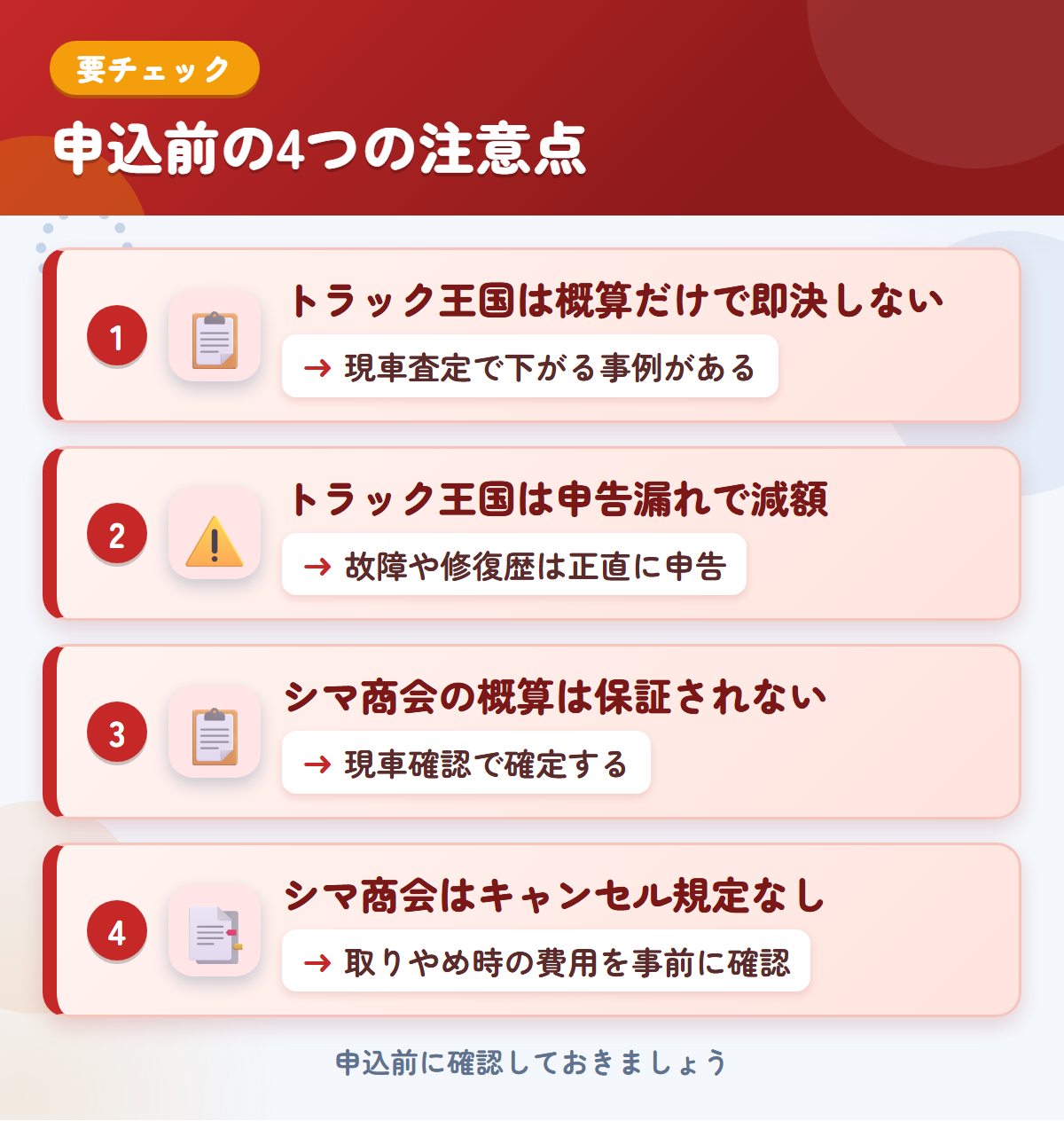 トラック王国とシマ商会の申込前の注意点4つ。概算だけで即決しない、申告漏れで減額、シマ商会の概算は保証されない、キャンセル規定の記載なし