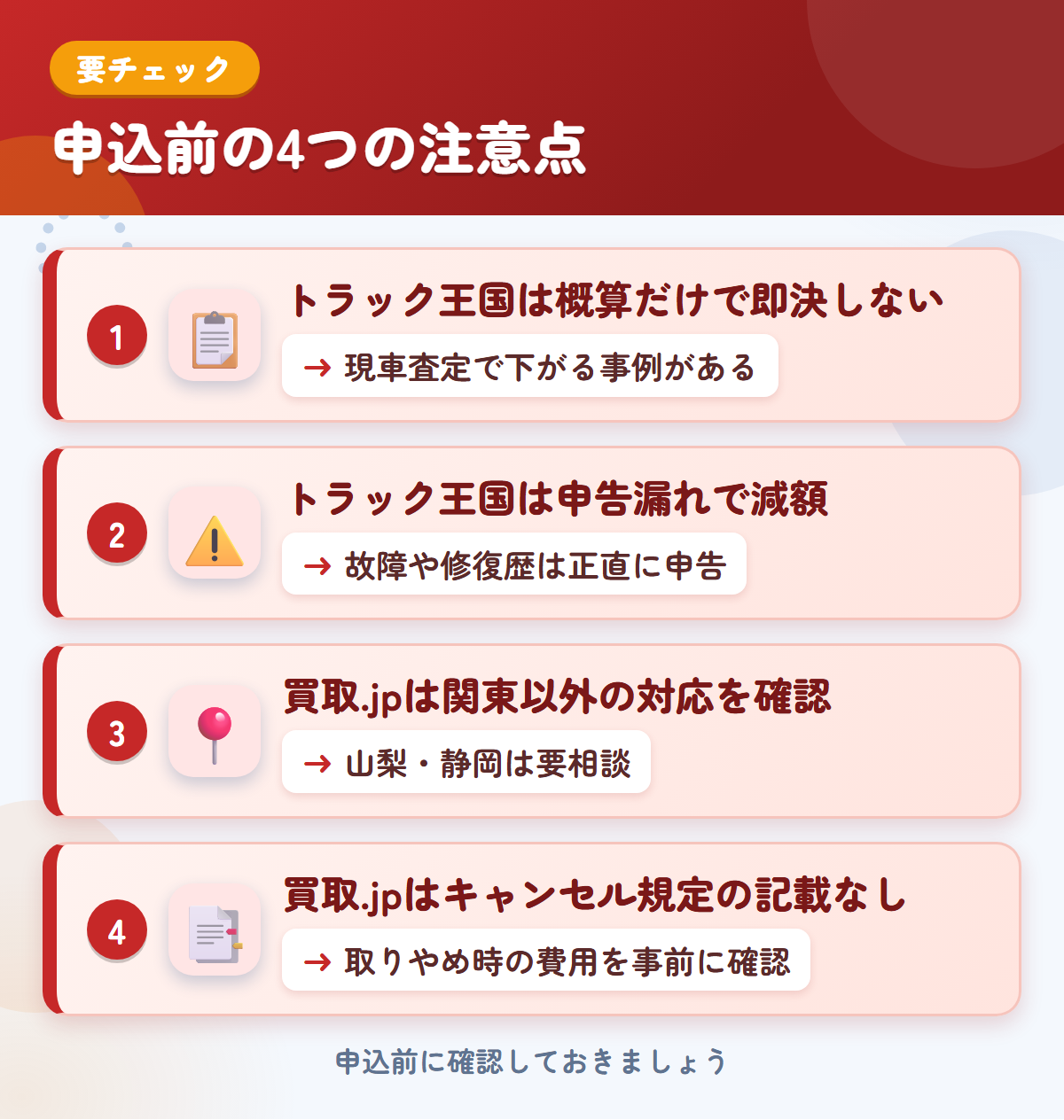 トラック王国とトラック買取.jpの申込前の注意点4つ。概算だけで即決しない、申告漏れで減額、買取.jpは関東以外の対応を確認、キャンセル規定の記載なし