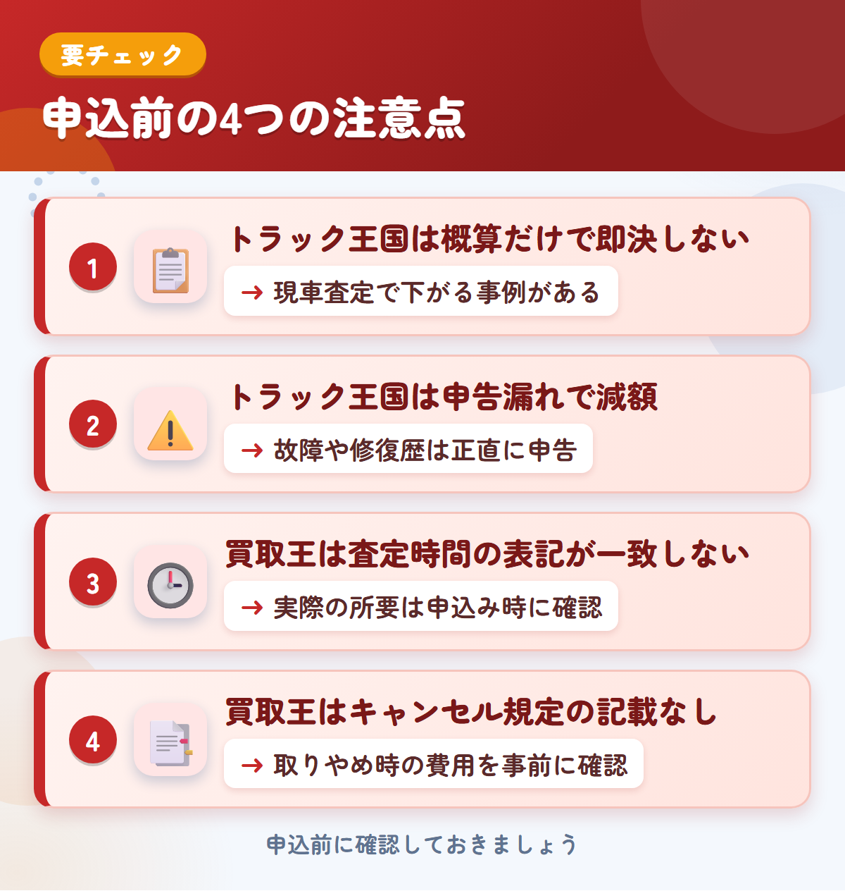 トラック王国とトラック買取王の申込前の注意点4つ。概算だけで即決しない、申告漏れで減額、買取王の査定時間の表記、キャンセル規定の記載なし