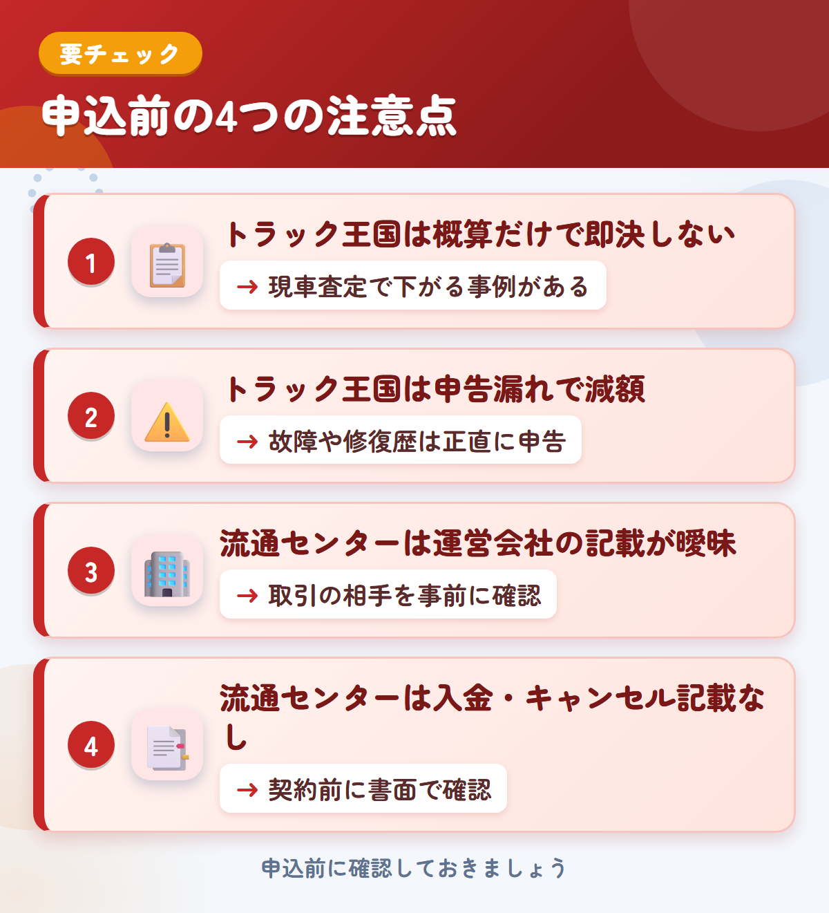 トラック王国とトラック流通センターの申込前の注意点4つ。概算だけで即決しない、申告漏れで減額、運営会社の記載が曖昧、入金・キャンセルの記載なし