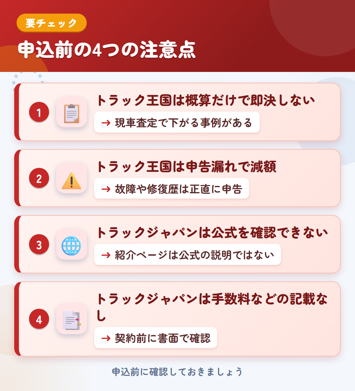 トラック王国とトラックジャパンの申込前の注意点4つ。概算だけで即決しない、申告漏れで減額、トラックジャパンは公式サイトを確認できない、手数料などの記載なし