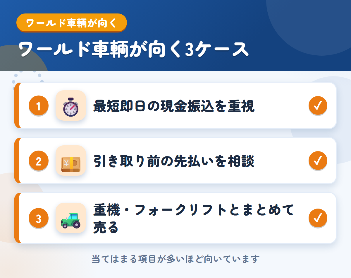 ワールド車輌が向くケース。最短即日の現金振込、引き取り前の先払い、重機・フォークリフトとまとめて売る