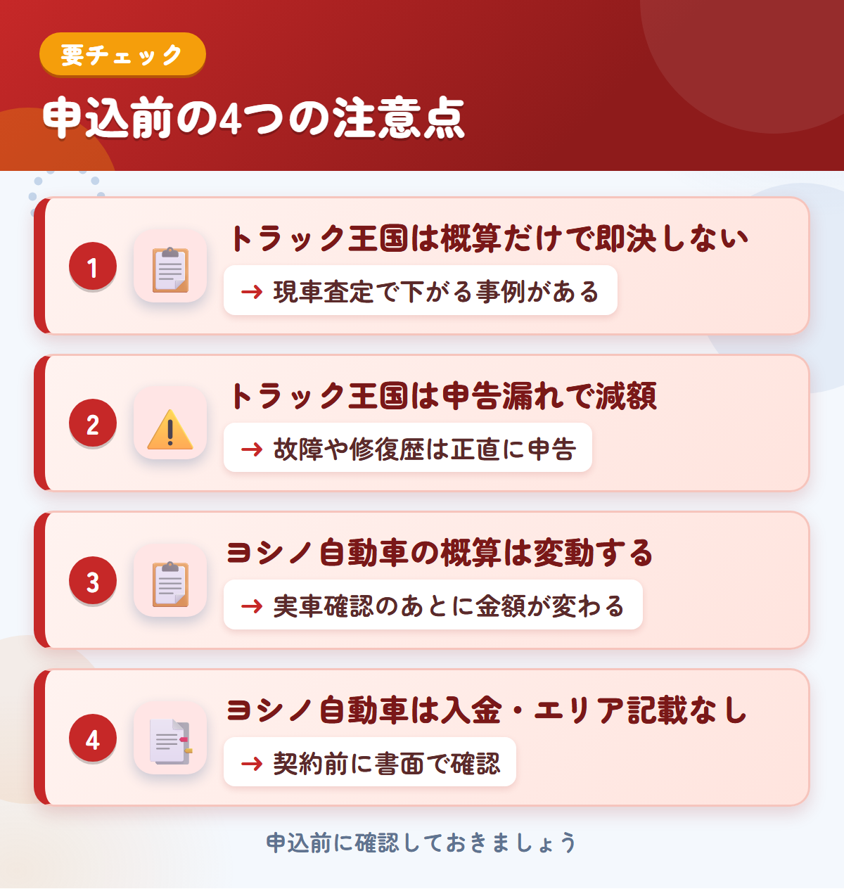 トラック王国とヨシノ自動車の申込前の注意点4つ。概算だけで即決しない、申告漏れで減額、ヨシノ自動車の概算は変動する、入金・エリアの記載なし