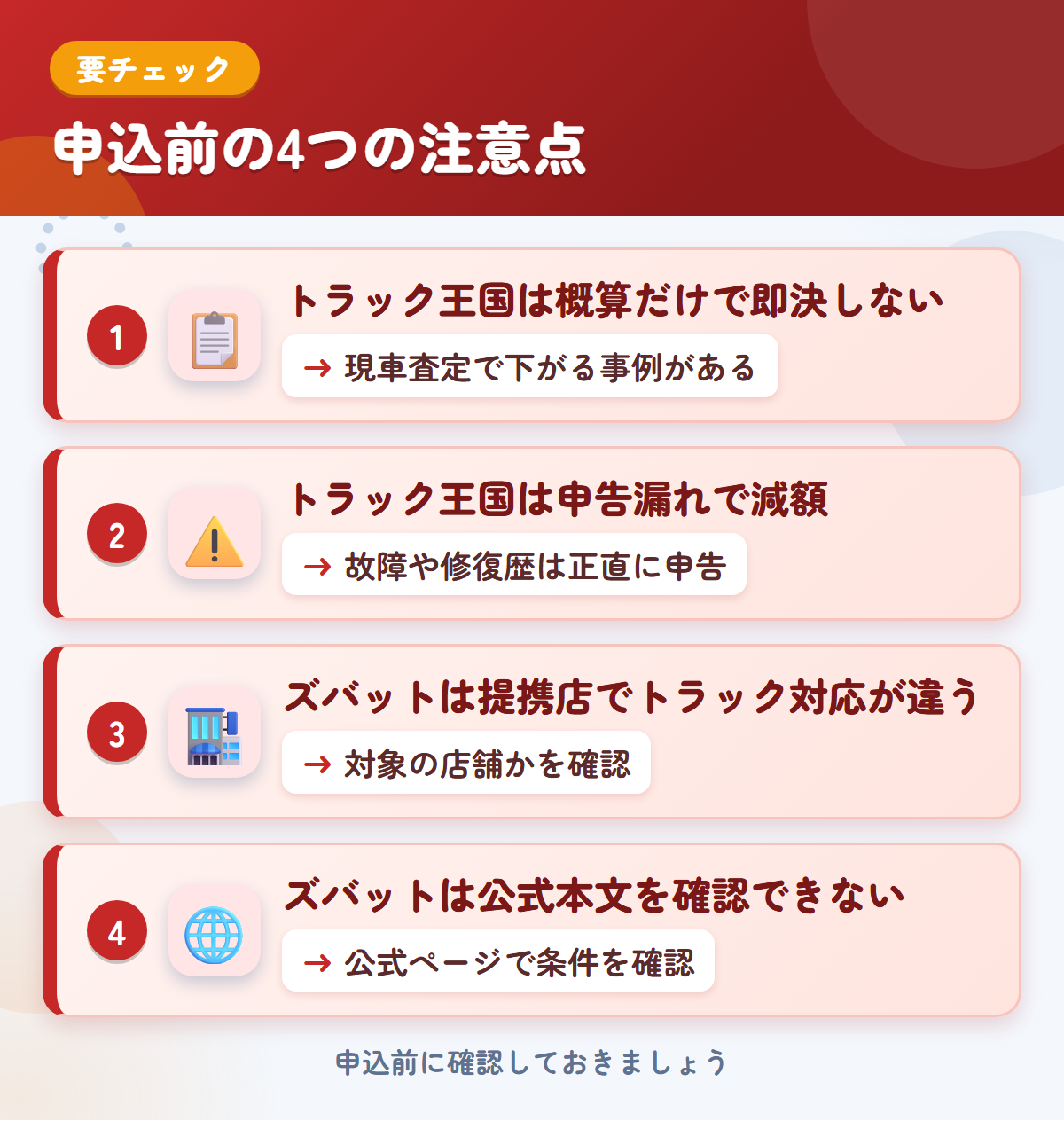 トラック王国とズバットの申込前の注意点4つ。概算だけで即決しない、申告漏れで減額、ズバットは提携店でトラック対応が違う、公式本文を確認できない