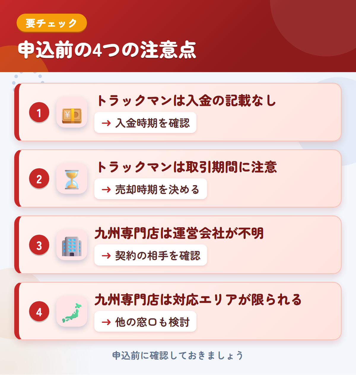 トラックマンと九州専門店の申込前の注意点4つ。トラックマンは入金の記載なし、トラックマンは取引期間に注意、九州専門店は運営会社が不明、九州専門店は対応エリアが限られる