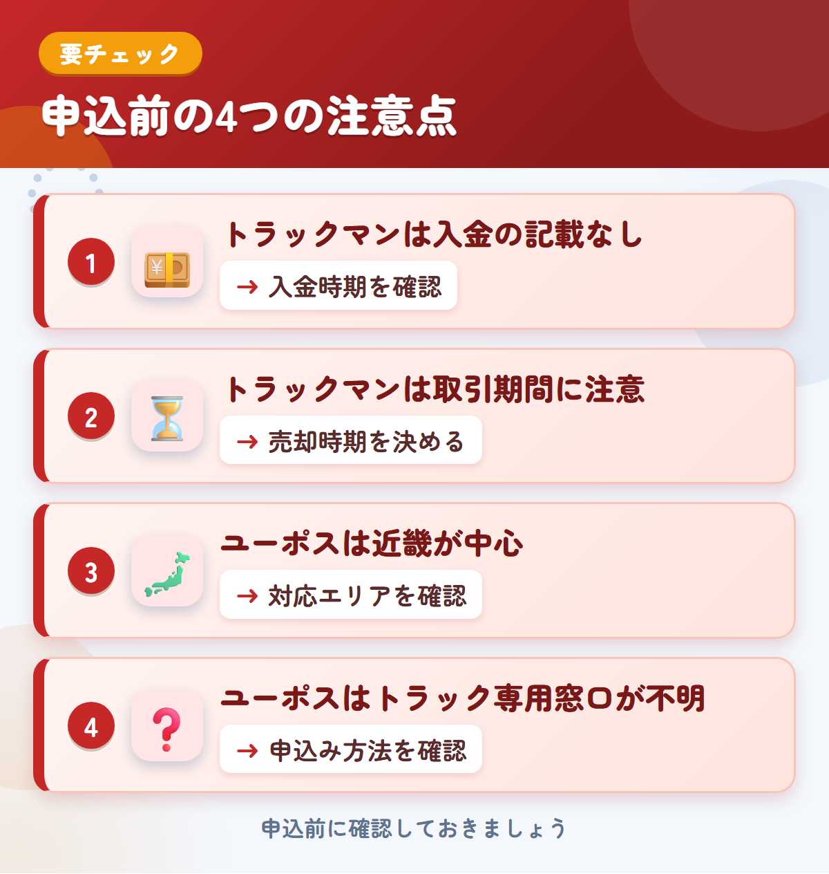 トラックマンとユーポスの申込前の注意点4つ。トラックマンは入金の記載なし、トラックマンは取引期間に注意、ユーポスは近畿が中心、ユーポスはトラック専用窓口が不明