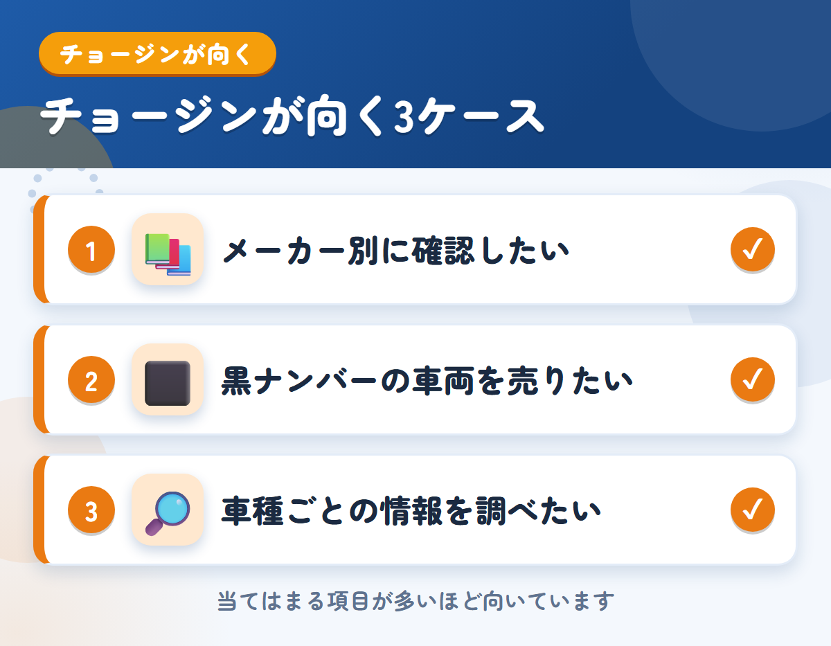 チョージンが向くケース。メーカー別に確認したい、黒ナンバーの車両を売りたい、車種ごとの情報を調べたい