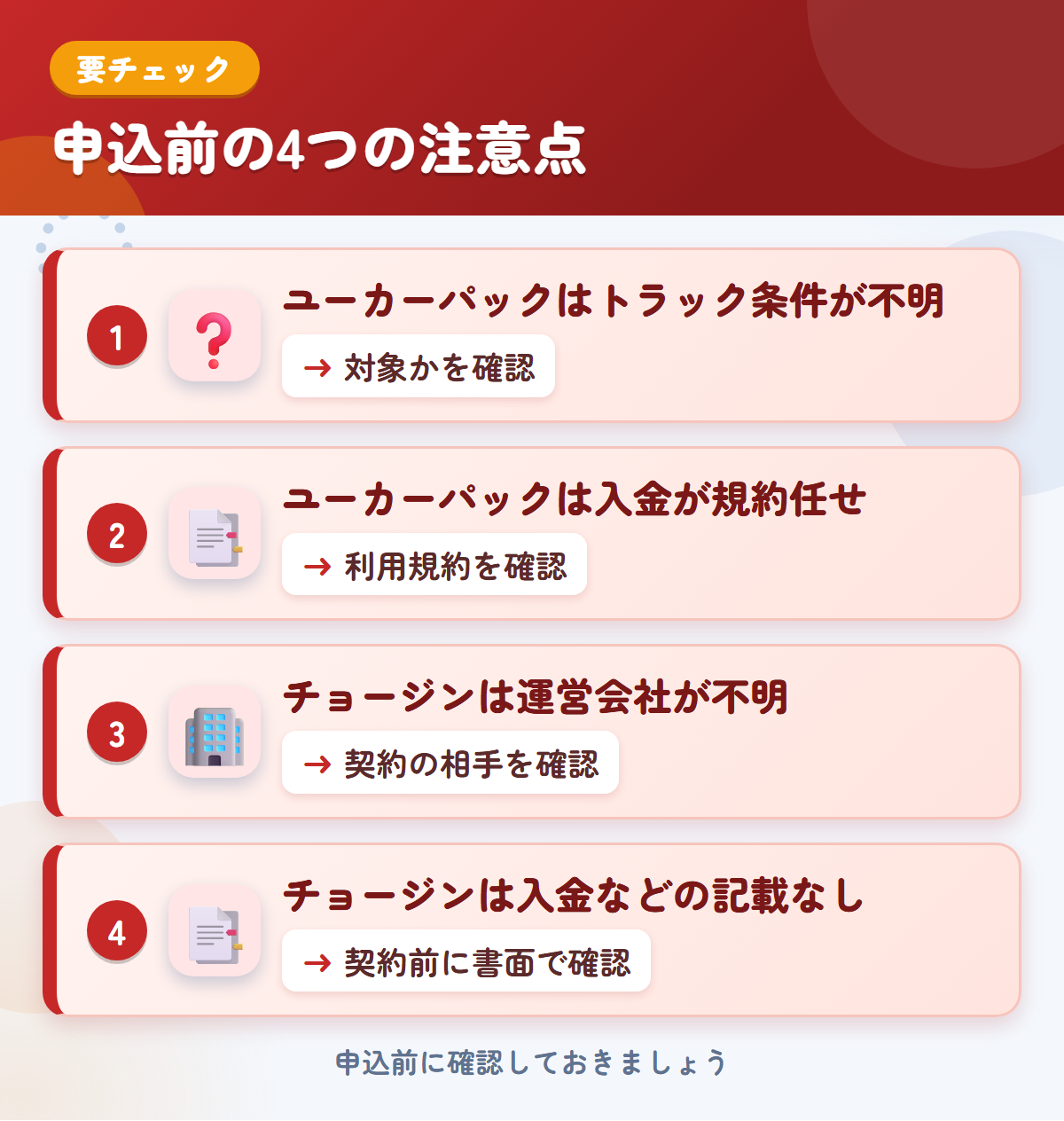 ユーカーパックとチョージンの申込前の注意点4つ。ユーカーパックはトラック条件が不明、ユーカーパックは入金が規約任せ、チョージンは運営会社が不明、チョージンは入金などの記載なし