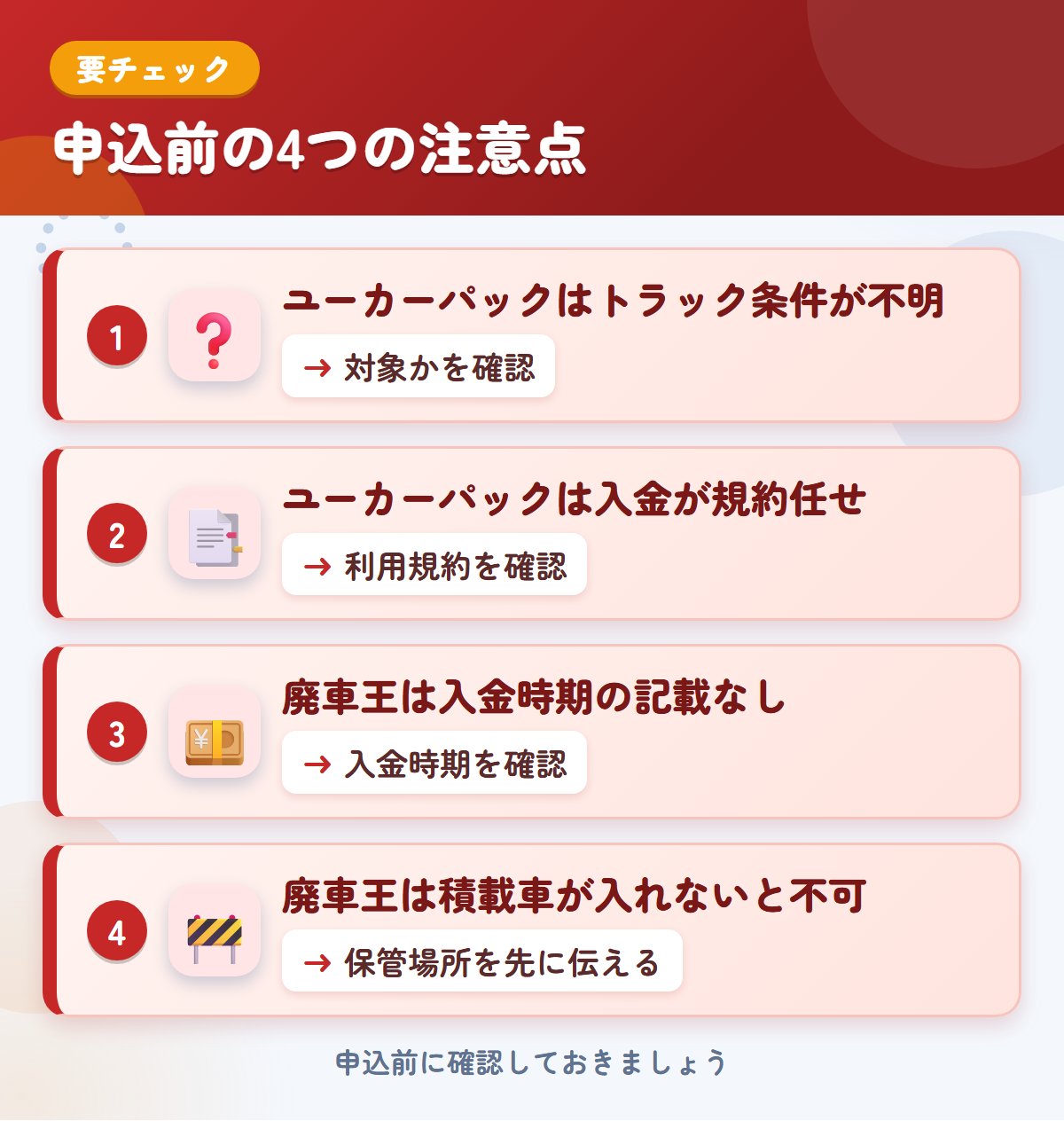 ユーカーパックと廃車王の申込前の注意点4つ。ユーカーパックはトラック条件が不明、ユーカーパックは入金が規約任せ、廃車王は入金時期の記載なし、廃車王は積載車が入れないと不可