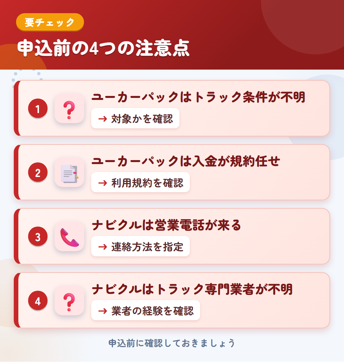 ユーカーパックとナビクルの申込前の注意点4つ。ユーカーパックはトラック条件が不明、ユーカーパックは入金が規約任せ、ナビクルは営業電話が来る、ナビクルはトラック専門業者が不明